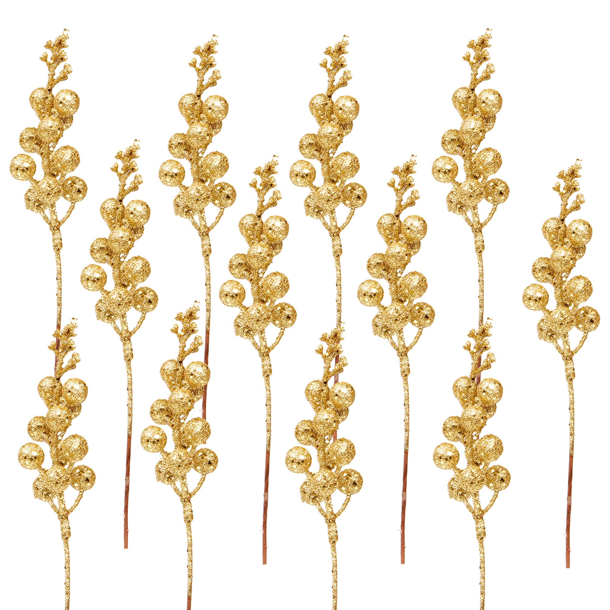 DR.DUDU 24 Pack Berry Picks for Christmas Tree Ornaments, 7.8" Gold Decorations Artificial Glitter Berries Stems for DIY Crafts Garland Wreath Filler Holiday Xmas Home Decor (Gold)
