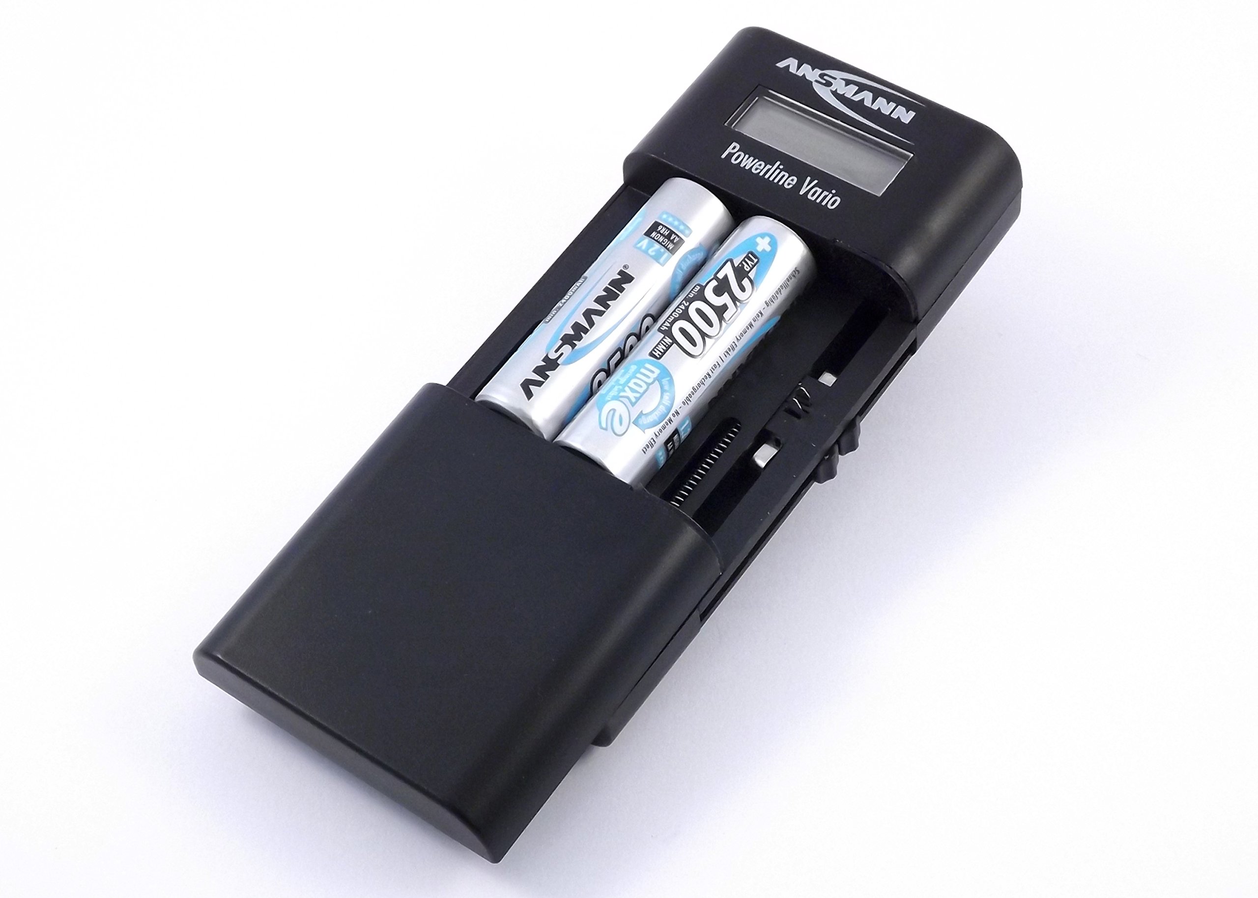 Ansmann Camera Battery Charger | Powerline Vario Li-Ion LiPo NiMH NiCd Travel Charger For Rechargeable Batteries With USB Port | With UK EU USA AUS Mains Adapter, In-Car USB & USB To