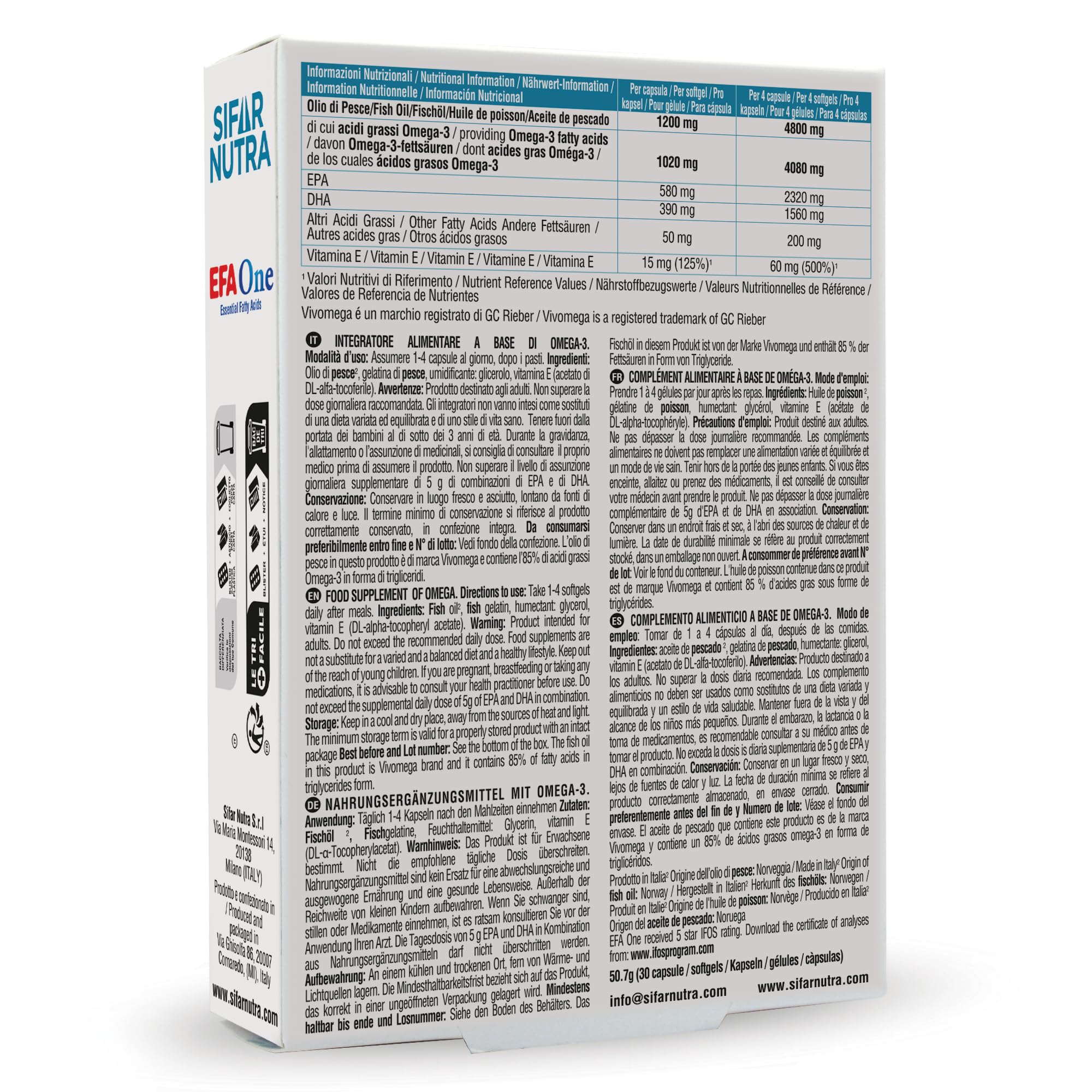 Sifar Nutra EFA One | IFOS certificato 5 stelle | Olio di pesce Omega 3 1020 mg | 580 mg EPA +390 mg DHA | funzione cardiaca | integratore memoria | forma trigliceride | 90 cps (3 Confezioni)