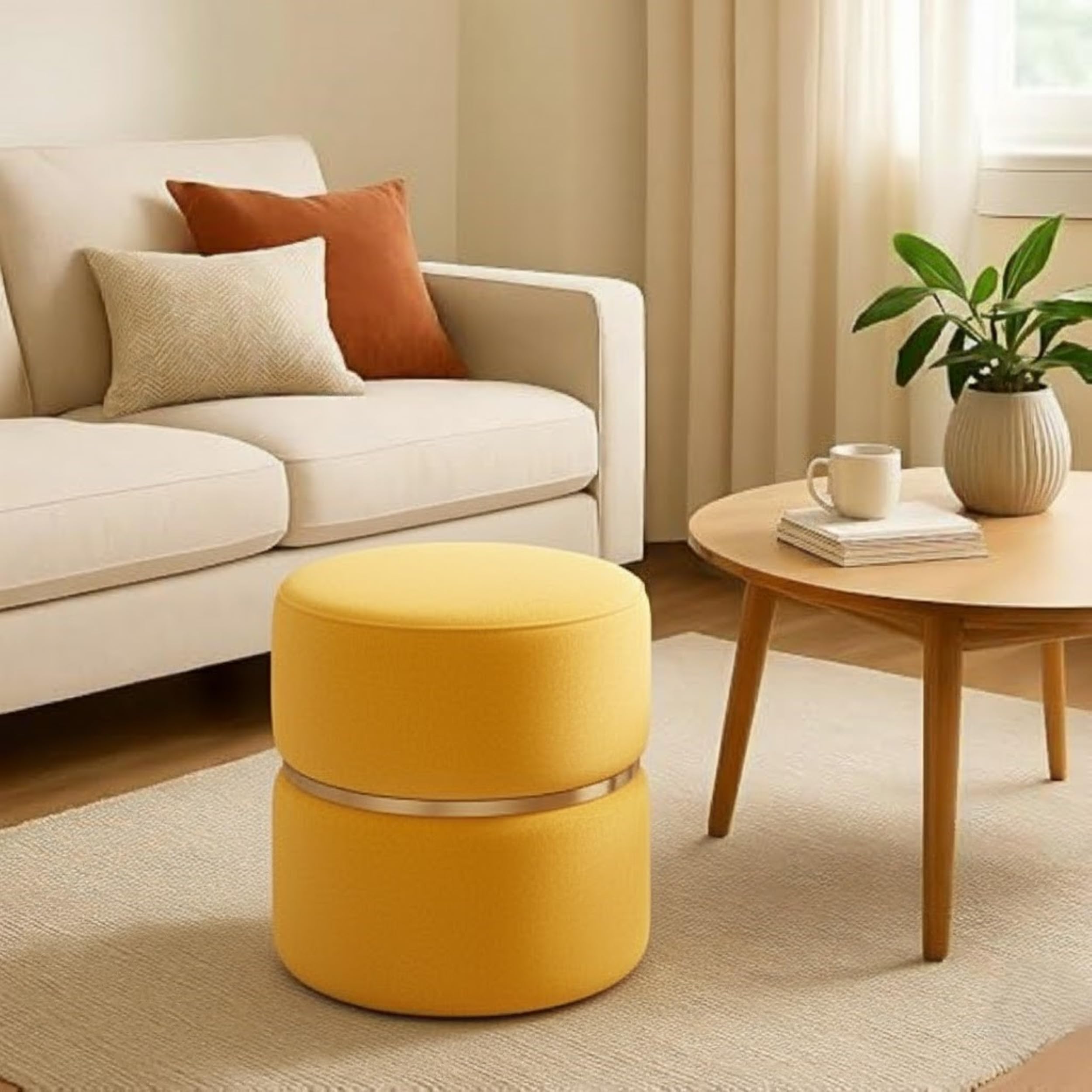 Round Pouf Ottoman with Foot Rest Stool Made of Velvet, Padded Seat, and Linen Fabric for a Living Room Yellow-image-33