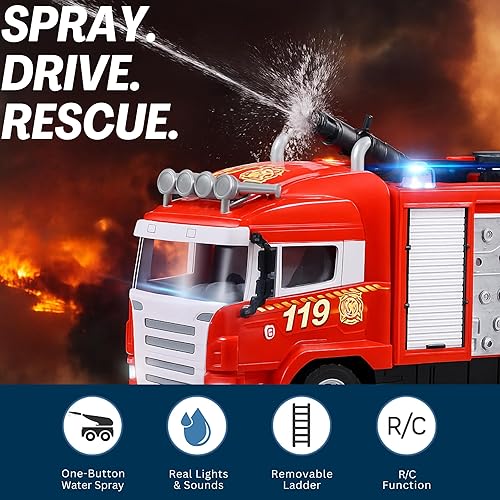 Miniatura 4 de Liberty Imports Camión de bomberos de rescate a control de radio RC camión de bomberos con luces, sonido, bomba de agua de trabajo dispara y chorros