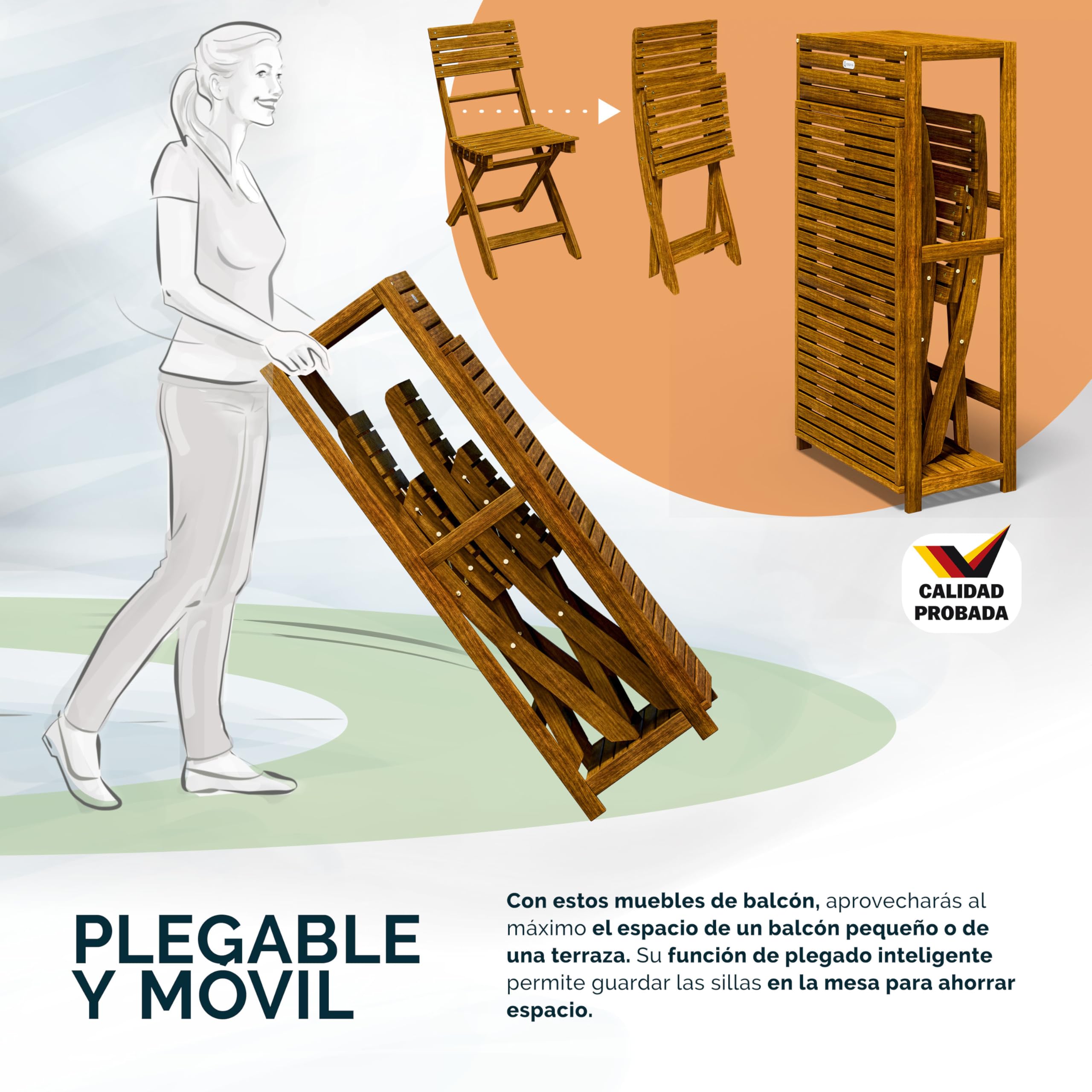 CASARIA® Set Muebles de Balcón Plegables 3Pzs Madera Acacia Resistente Intemperie Certificación FSC® Juego Terraza