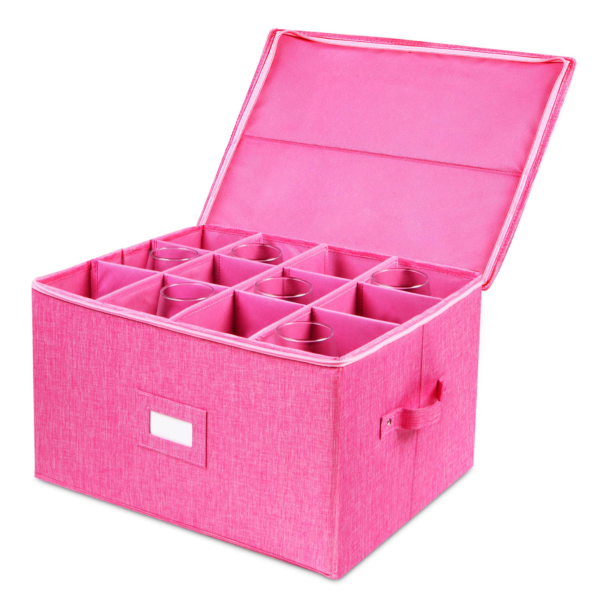 Stemware Storage Cases, Hard Shell Wine Glass Storage Box Containers with dividers for 12 Wine Glasses, Drinkware, Glassware or Crystal 17" x 13" x 10"H (Pink)