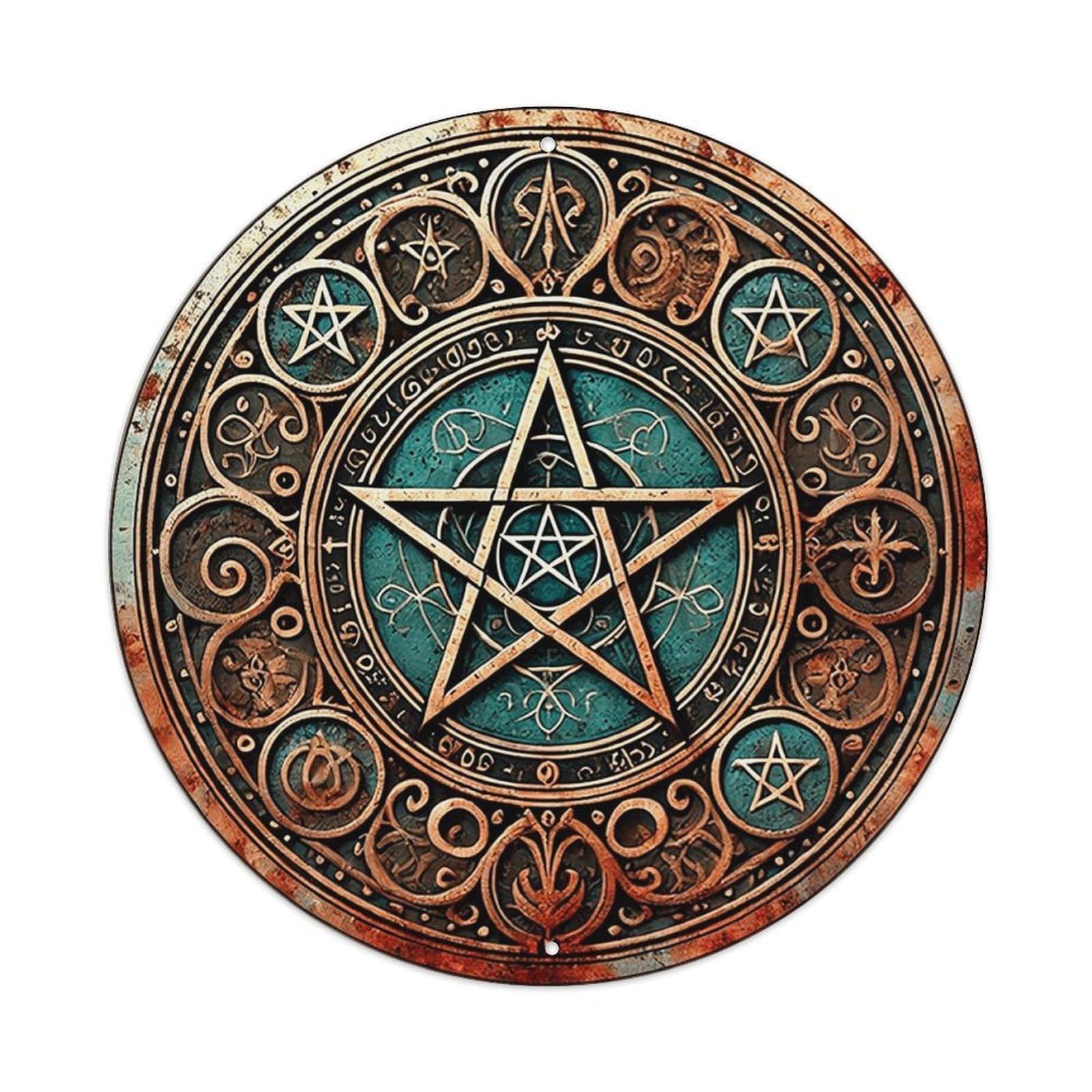 Mystic Pentagram Symbol Design Art Retro Metal Sign Round Tin Sign, Vintage Decor Art Poster for Bar, Home, Man Cave, Kitchen, Laundry Room Gift 8x8Inch