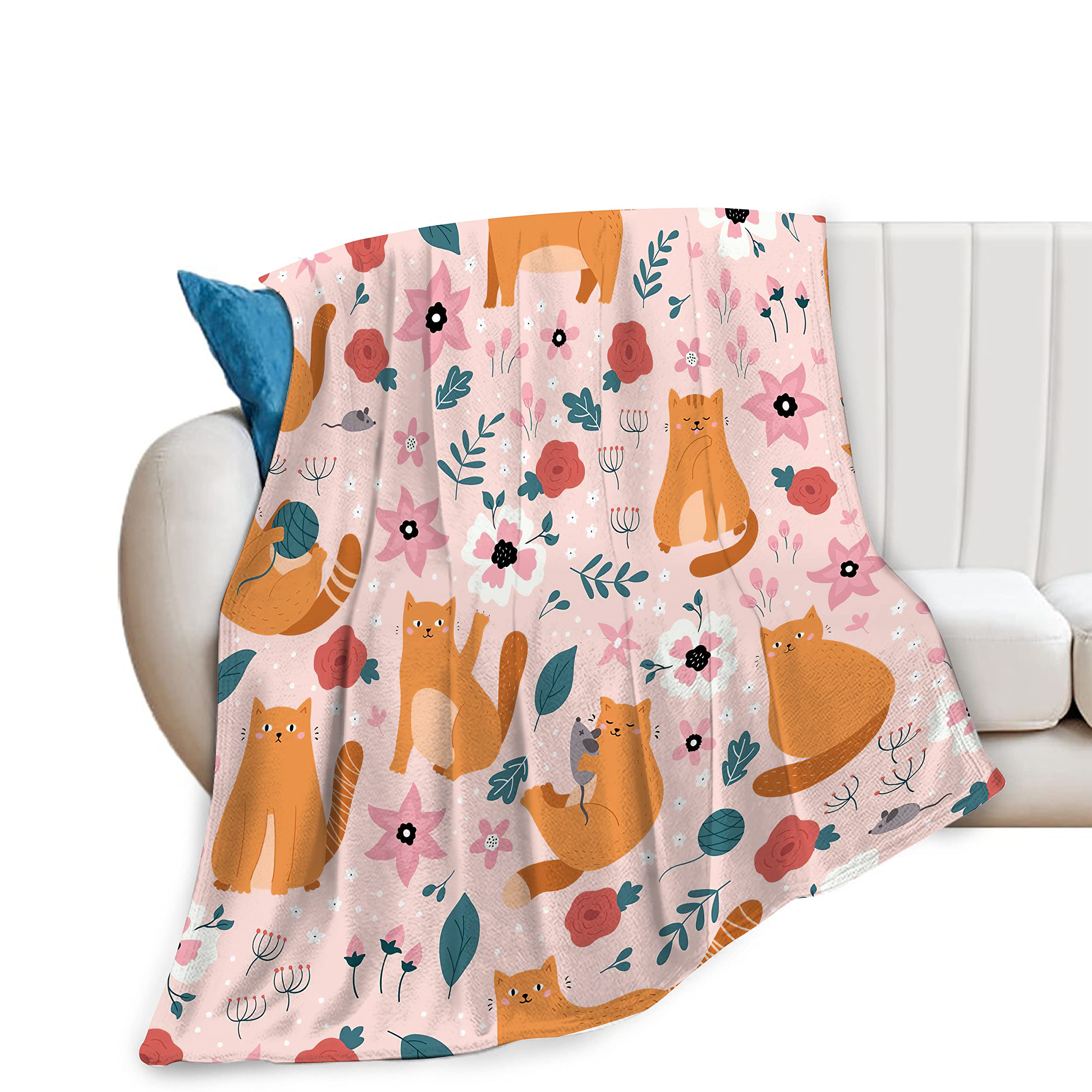 Cute Cat Throw Blanket Cozy Plush Orange Kitten Mouse Flannel Fleece Ultra Soft Blankets Unisex Lightweight Fuzzy Flower Party Blanket Gifts for Bed Couch Sofa Boys Girls 50