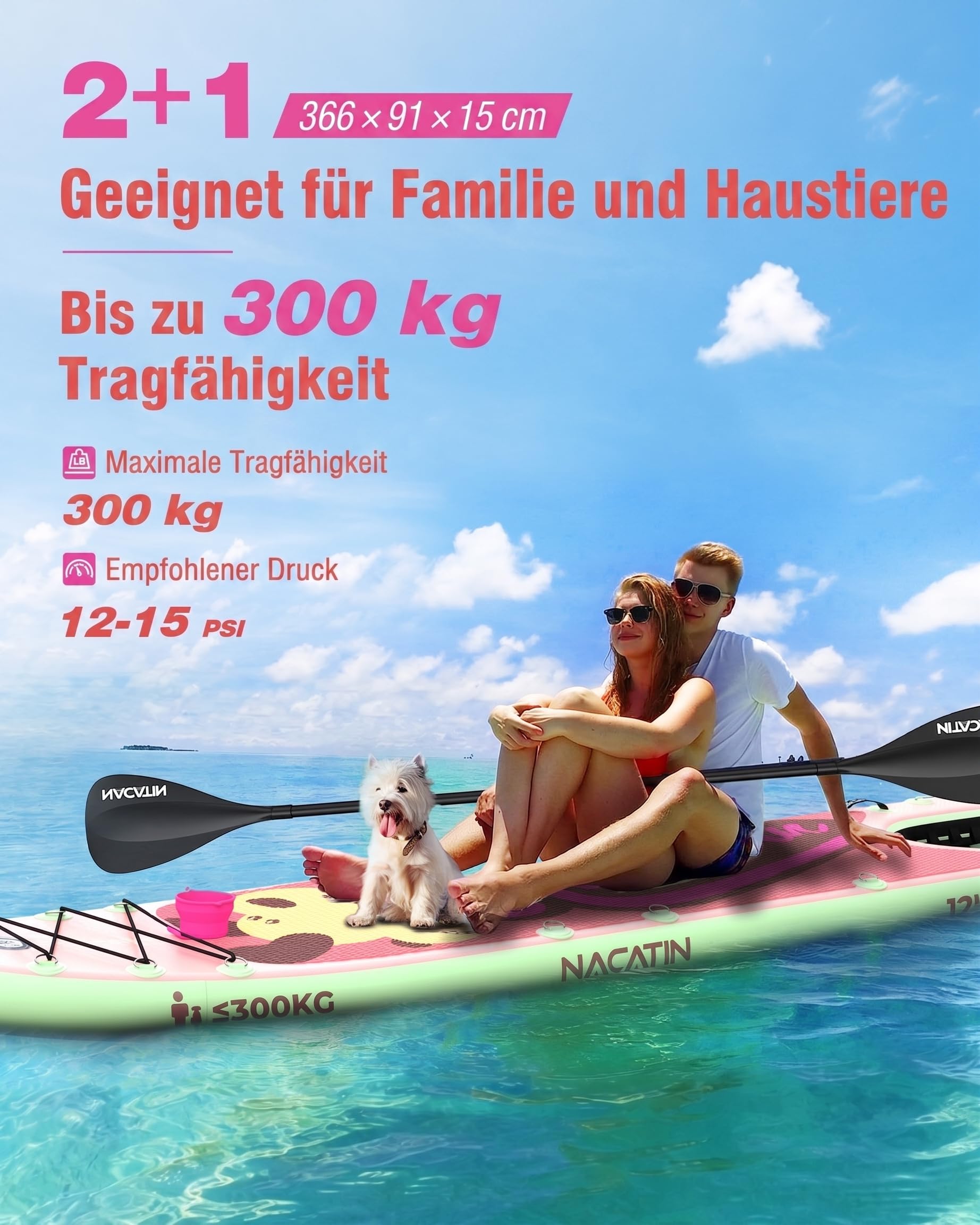 NACATIN 366cm (12ft) aufblasbares SUP Board mit Hunderampe, breites 91cm (36in) Stand Up Paddling Board mit rutschfestem Deck für Hunde & Familie, mit Einzel-/Doppelpaddel, Pumpe, Rucksack