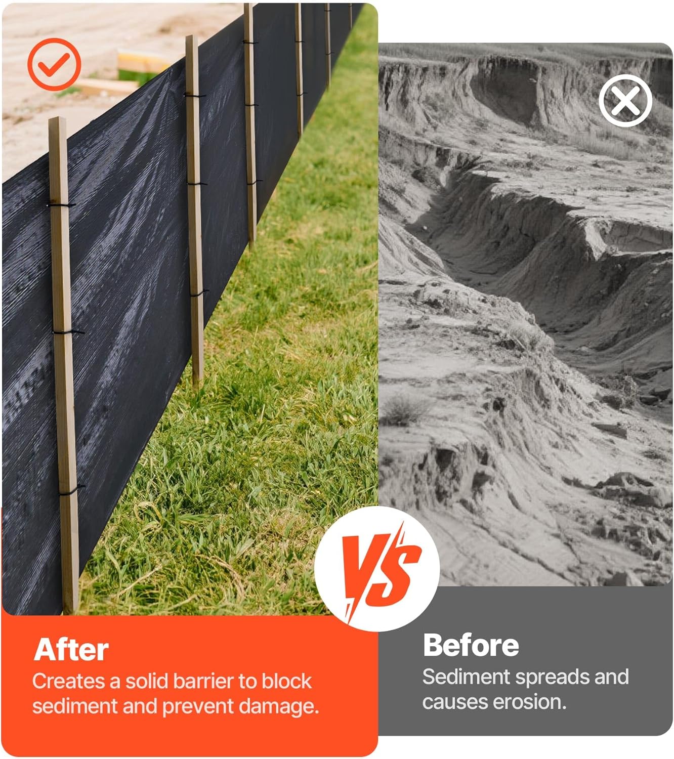 VEVOR Silt Fence Fabric Roll, 3 x 500 ft Erosion Control Fencing, Industrial Grade Tough Polypropylene Fabrics for Sediment Retention, Temporary Fabric for Construction Job Sites