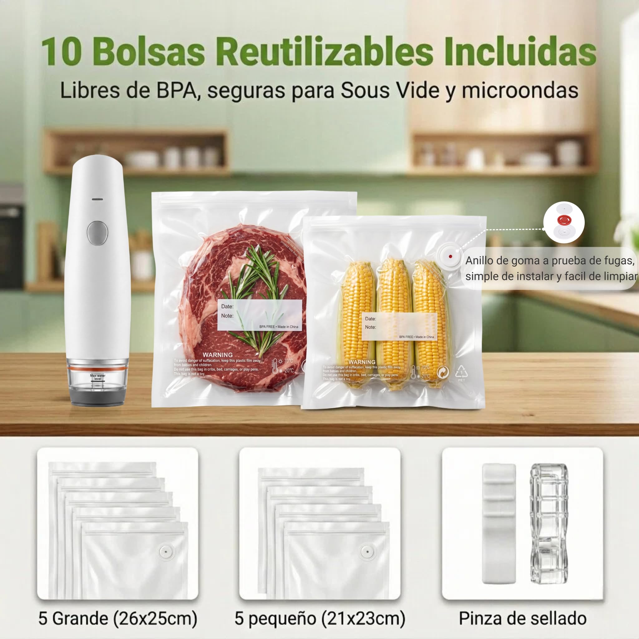Envasadora al Vacío de Mano Inalámbrica USB-C con Depósito Visible