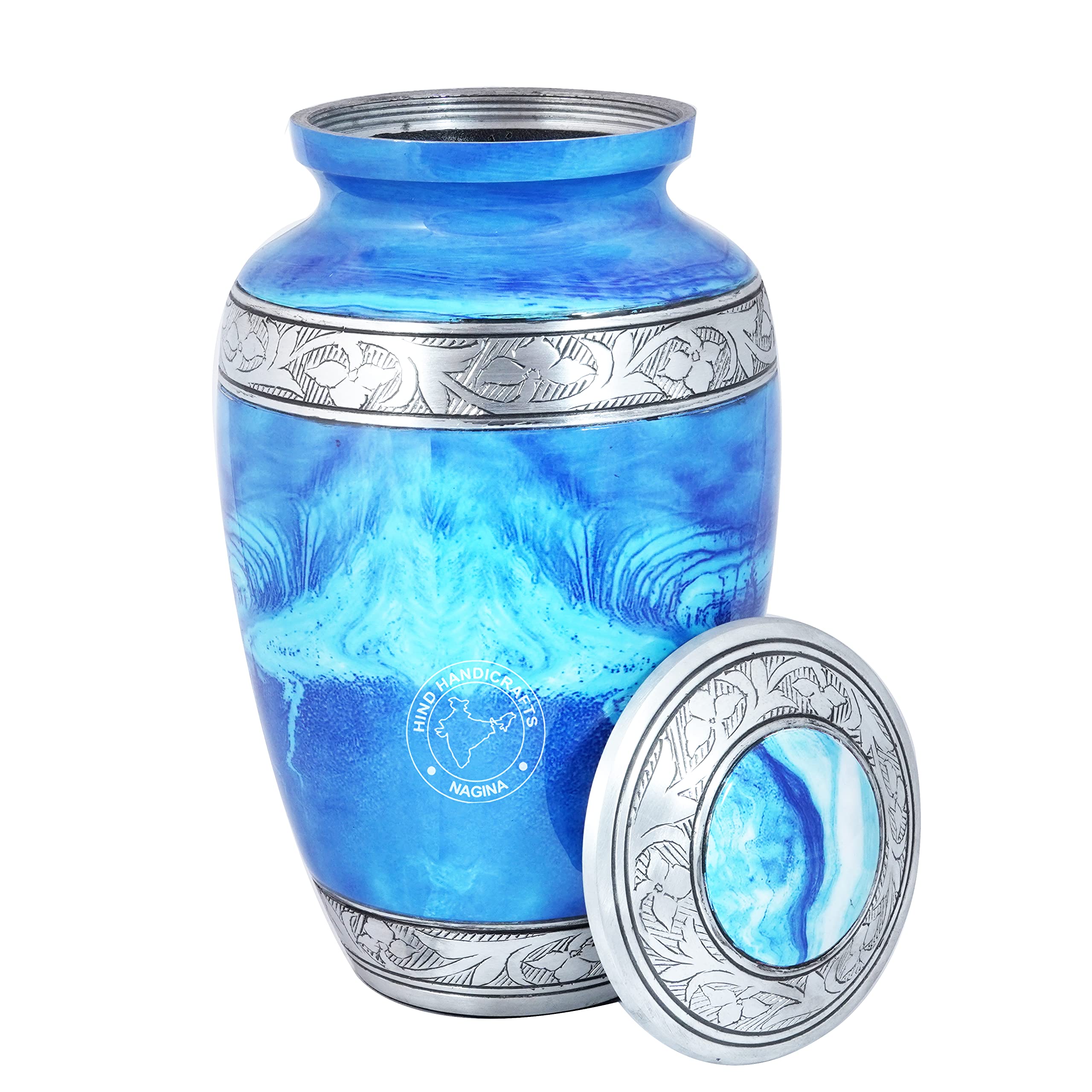 Urne funéraire florale gravée en argent pour cendres humaines adultes – Urne funéraire funéraire fabriquée à la main – Grande urne Columbarium – Sac inclus (bleu mer)