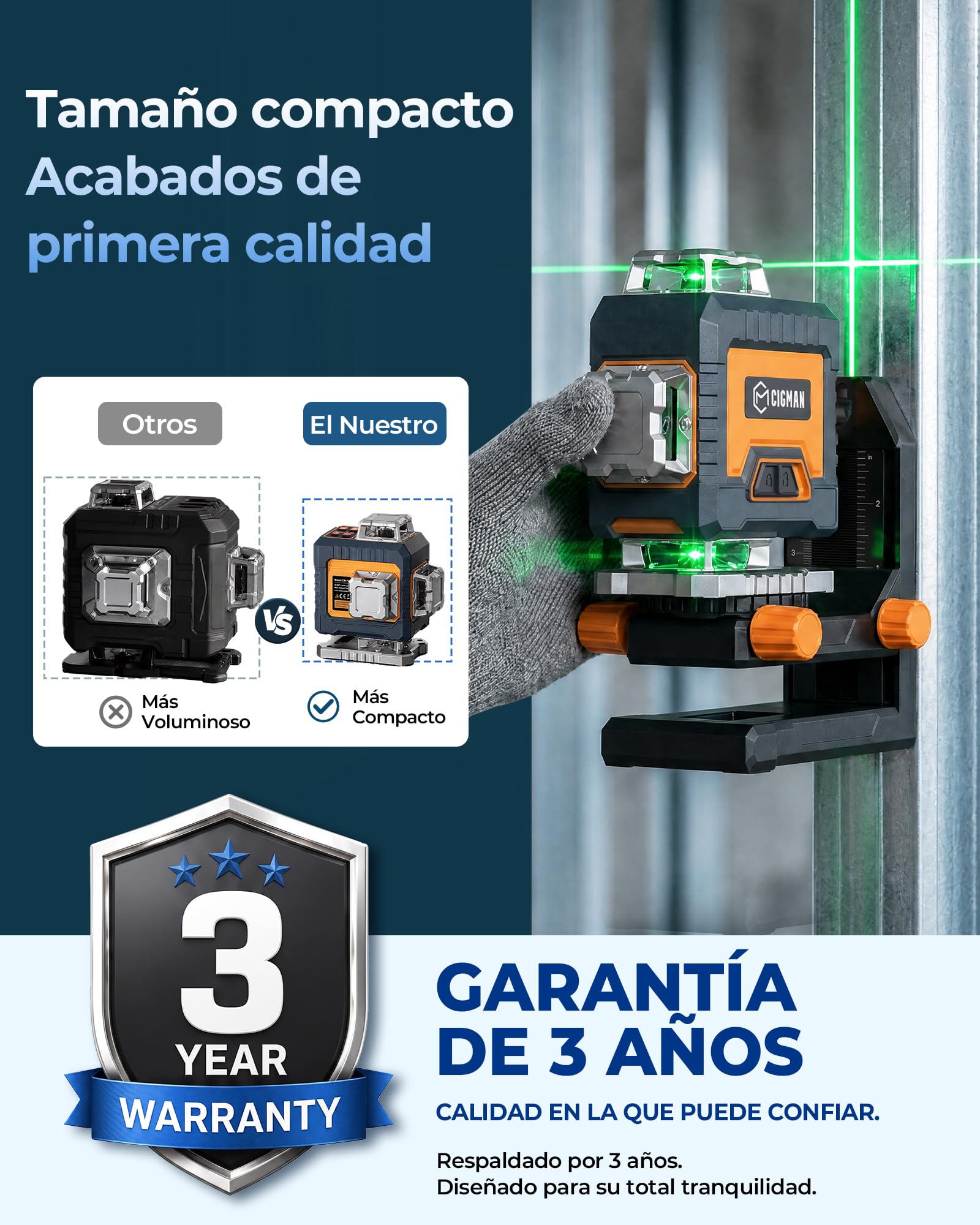 CIGMAN G16 Nivel Láser Verde 4x360 Autonivelante de 16 Líneas | Control por App, 4 niveles de brillo, modo pulso e ideal para alicatar, instalar armarios y techos.