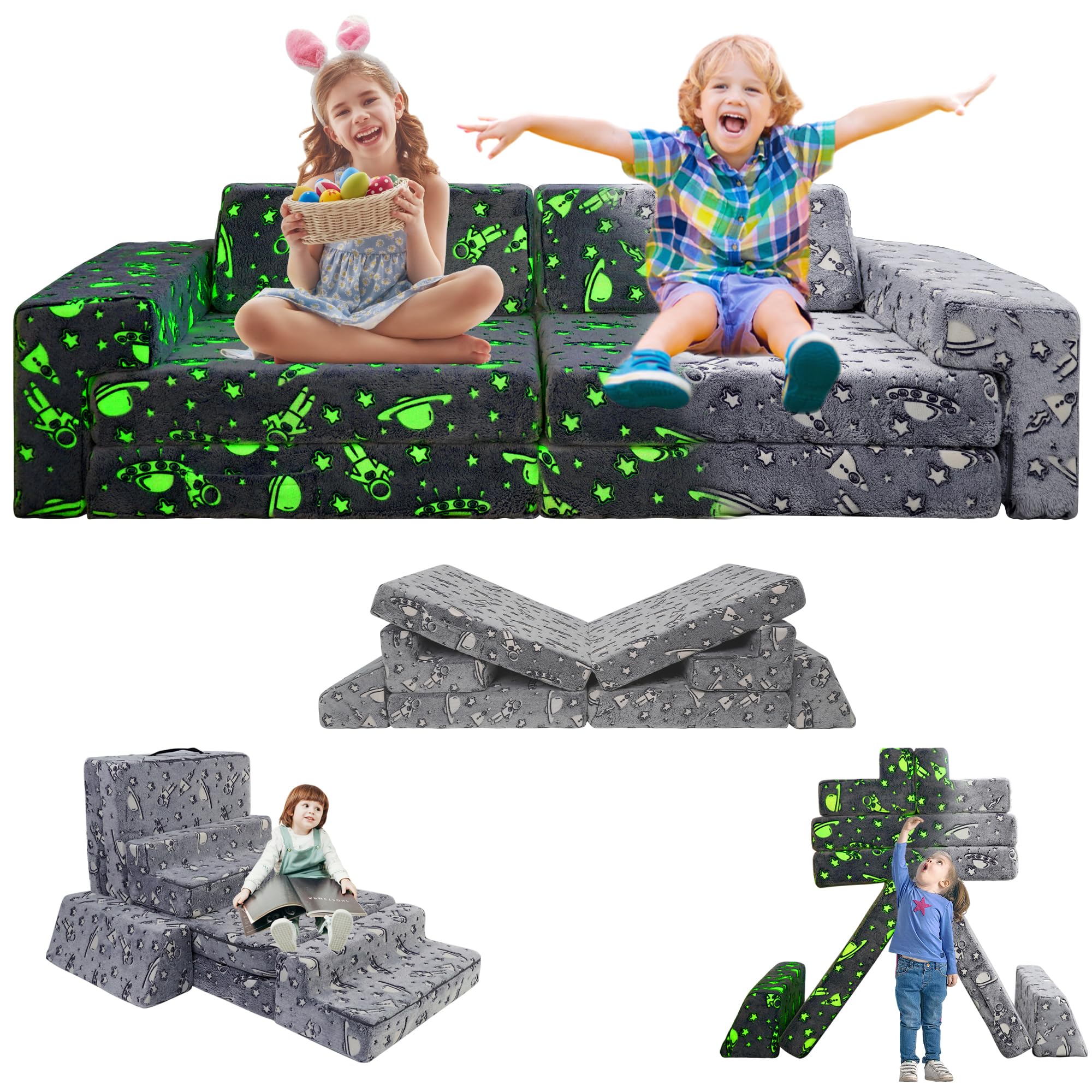 LFCREATOR Kids Play Couch, Modular Toddler Glow Sofa for Playroom Bedroom，Imaginative Convertible Play Couch for Boys Girls.Gift for Kids.Spaceman