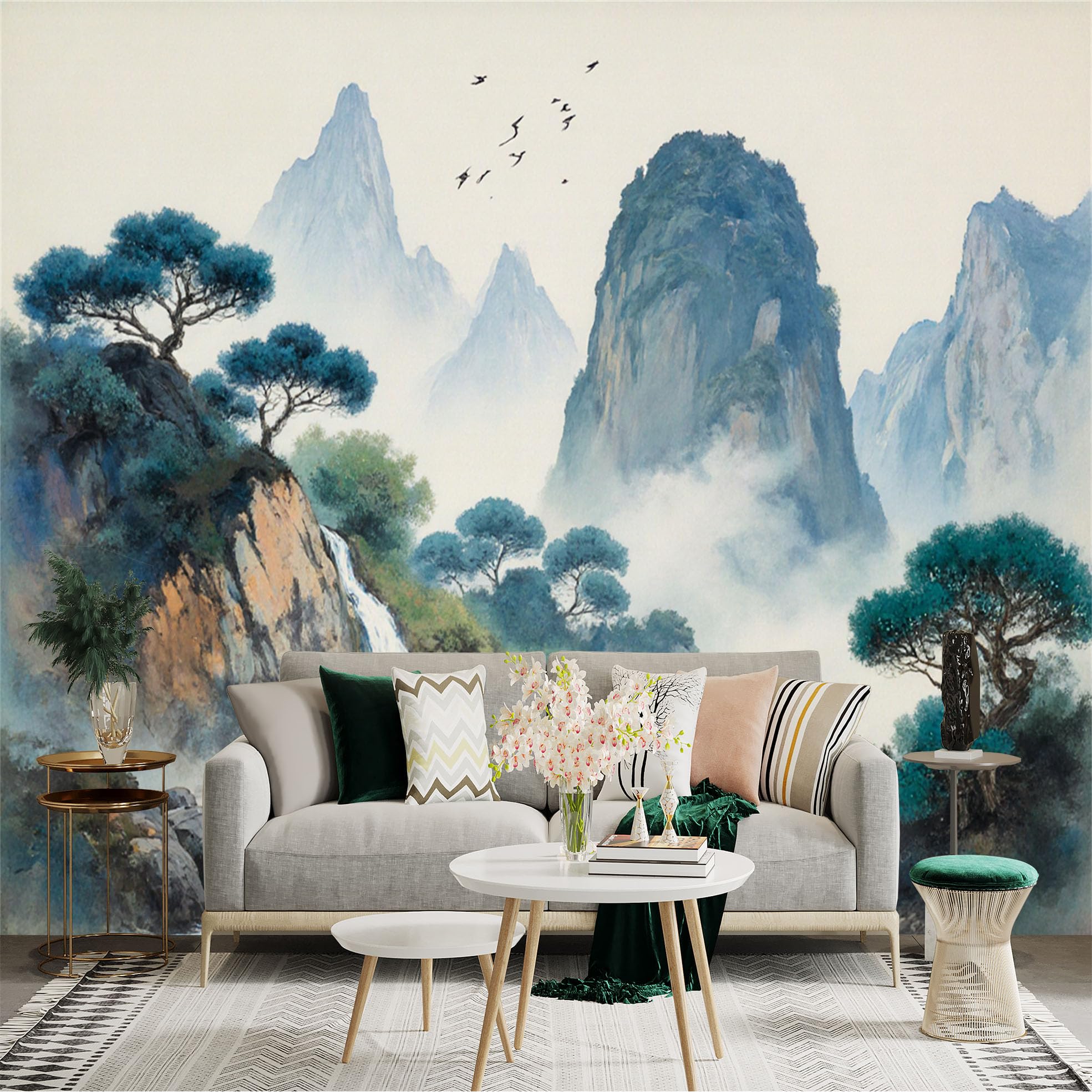 Custom Size Wall Sticker Mural， Misty Mountain Landscape with Waterfall， Bridge and Pine Trees， for wall Decoration， peelandstick wall Decals.
