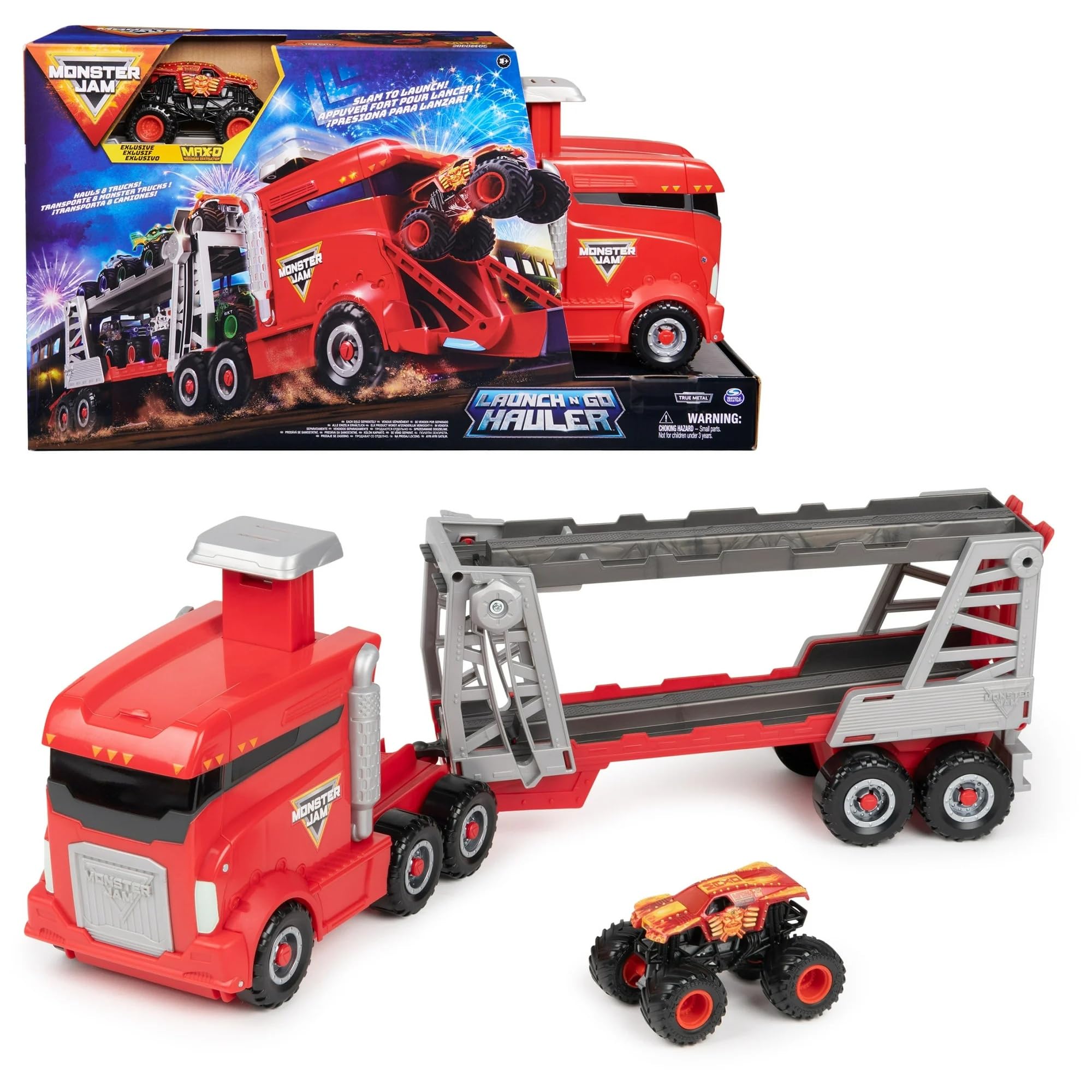 Monster Jam Set da gioco Launch & Go Hauler con esclusivo camion Max-D, trasporta fino a 8 Monster Truck, funzione Slam Launch, True Metal scala 1:64, giocattolo ufficiale per bambini dai 3 anni in su