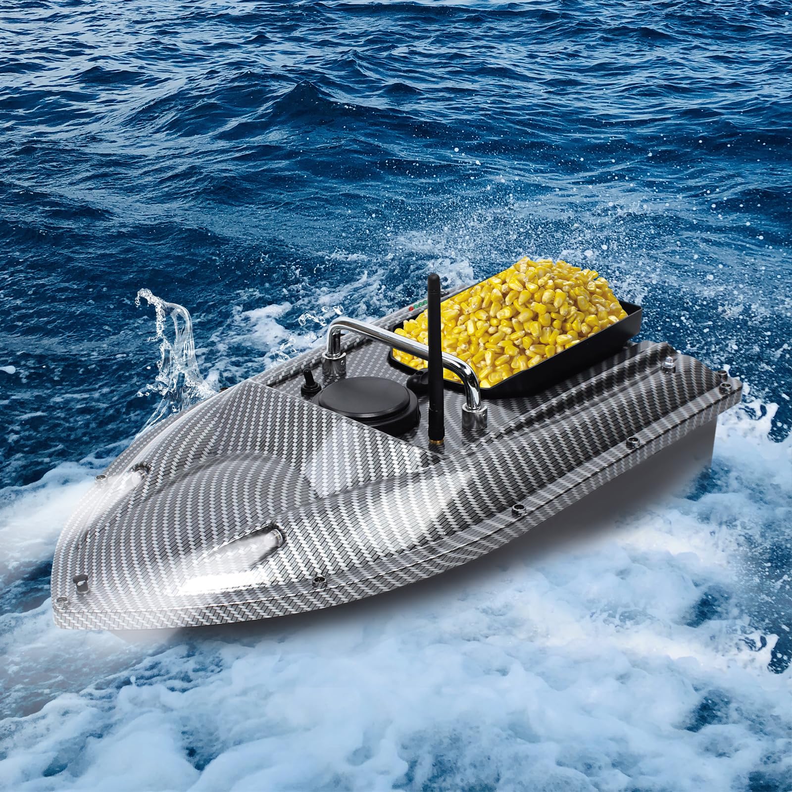 Barca di avviamento telecomandato 500 m per pesca alla carpa - Esca Auto Cruise, Camouflage, Batterie, LED per pesca notturna
