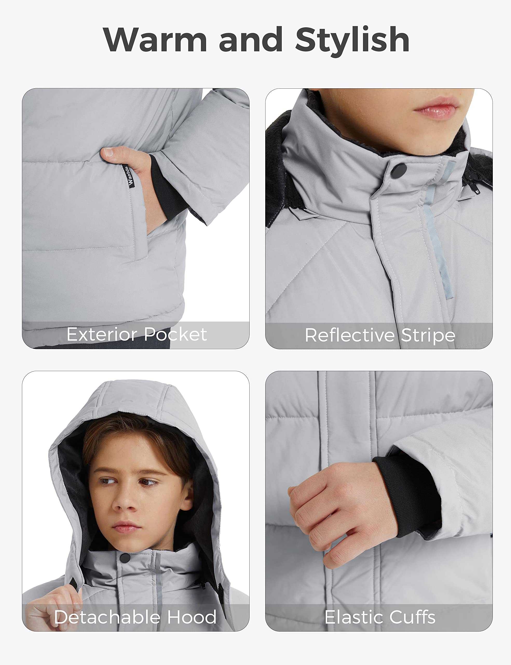 Wantdo Garçon Manteau Polaire Chaud d'hiver Veste de Rembourrage en Coton Épaisse Parka Matelassée Coupe-Vent Classique Veste à Capuche d'Extérieur