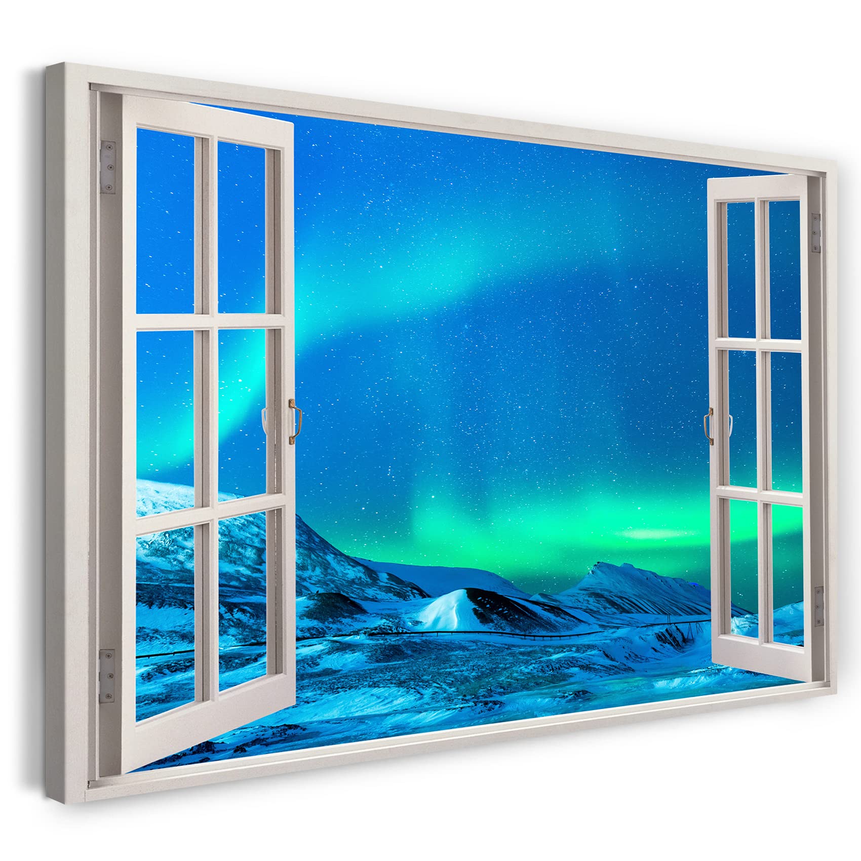 Print on Canvas (80x60 cm) View from the window - Northern Lights Night Stars Mountain Snow - Nature photography, real wood frame with hook