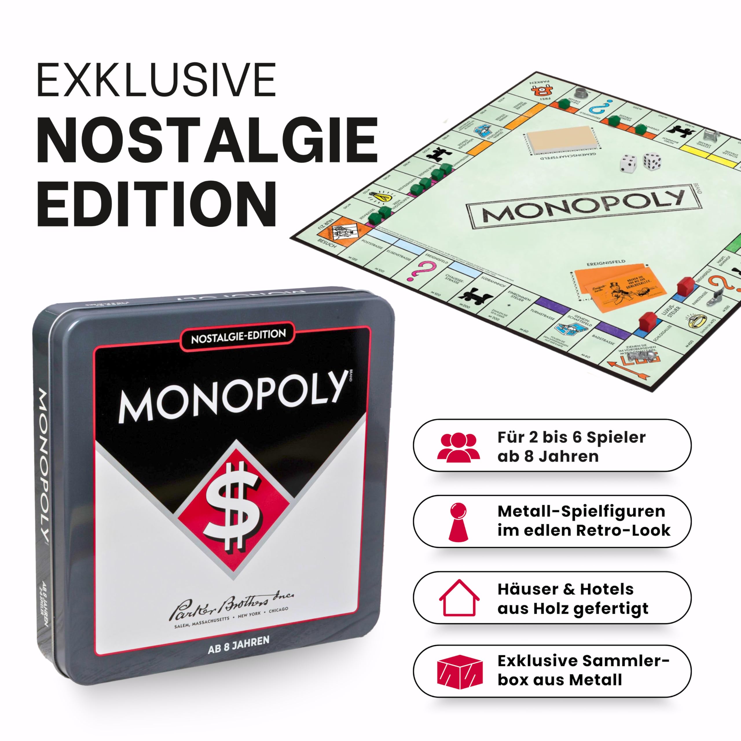 Monopoly Nostalgie Edition gra planszowa w stylu retro z lat 30., w wysokiej jakości puszce kolekcjonerskiej w stylu vintage z cyną figurkami, drewnianymi domkami, hotelami i dużą planszą do zabawy