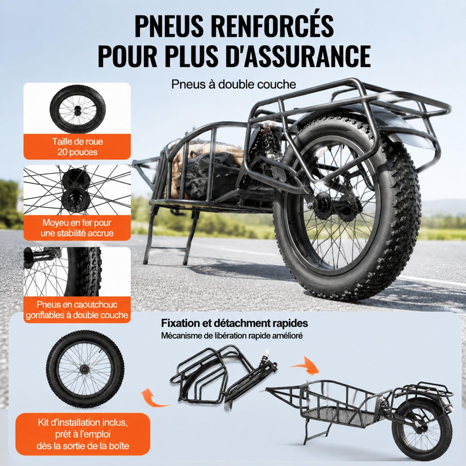 Remorque de vélo pour fret, capacité de Charge 32 kg, Structure à dégagement Rapide, Rangement Compact, Cadre en Acier au Carbone
