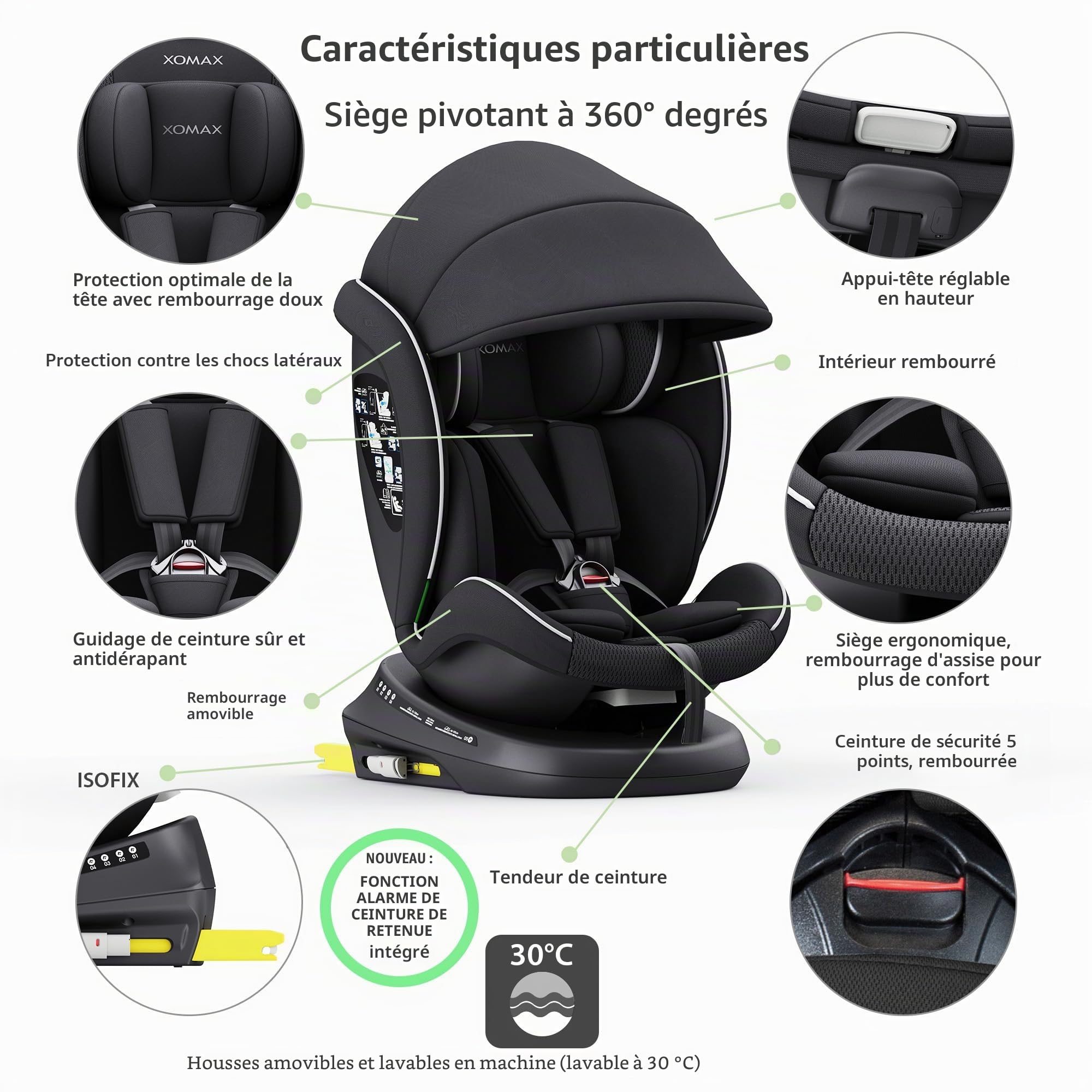 XOMAX 946i Siège enfant rotatif à 360° avec ISOFIX, fonction inclinable, évolutif, 0-36 kg, 0-12 ans, groupe 0/1/2/3, harnais 5 points et harnais 3 points, housse amovible, lavable I ECE R129