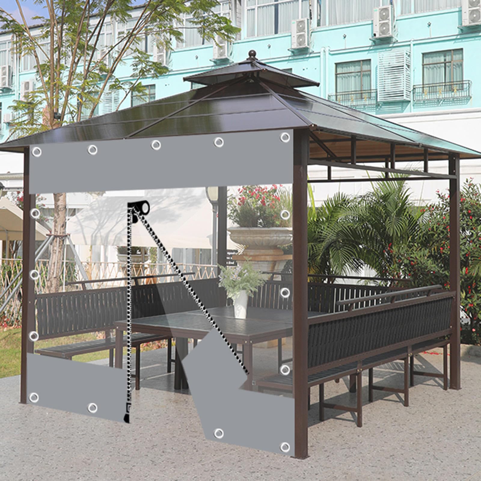 Pergola Plane Seitenteile, 2/3/4/5m, Kunststoff-Windschutzplane Mit Reißverschluss, PVC-Transparent Plane Mit Ösen, wasserdichte 0.3mm Vinyl-Gardinen,Grey-4x2m/13.1x6.6ft