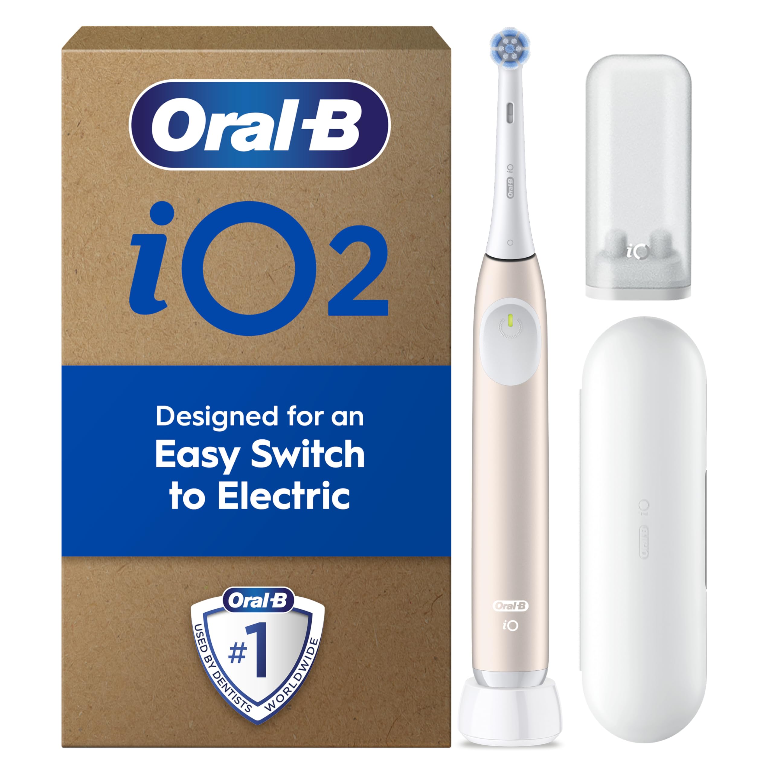 Oral-B Cepillo de dientes eléctrico iO2, 1 cabezal de cepillo de dientes de cuidado suave, 1 funda de viaje, 1 soporte de recambio de viaje, cepillo de dientes para adultos (rosa tranquilo), diseñado