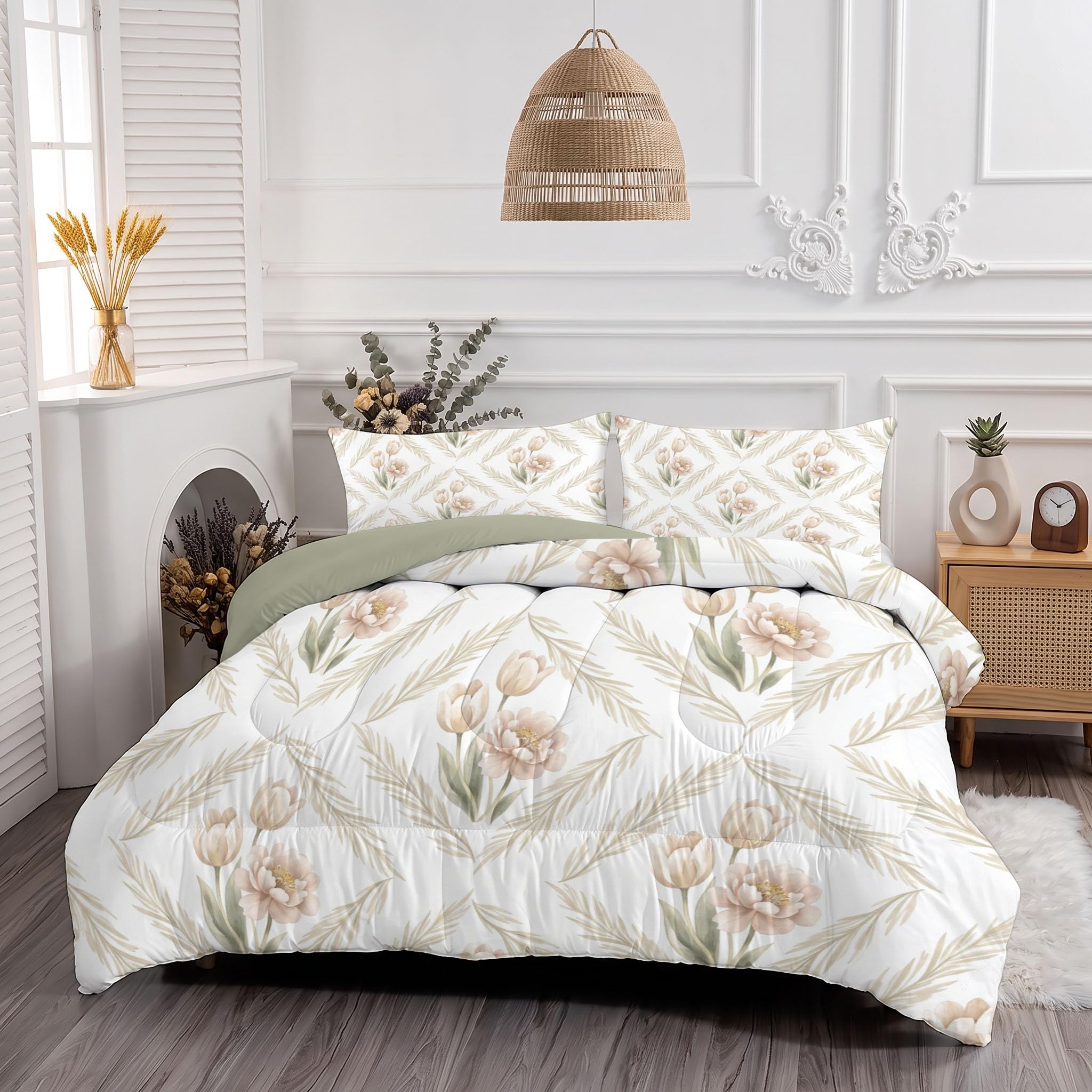 Edredón Invierno Cama 90 Tulipanes del Campo Rombo Vegetal Simple | Edredon Nordico Sin Funda Invierno Reversible Acolchado, Ligera Respirable Manta De Suave, Blanco, 140X200Cm