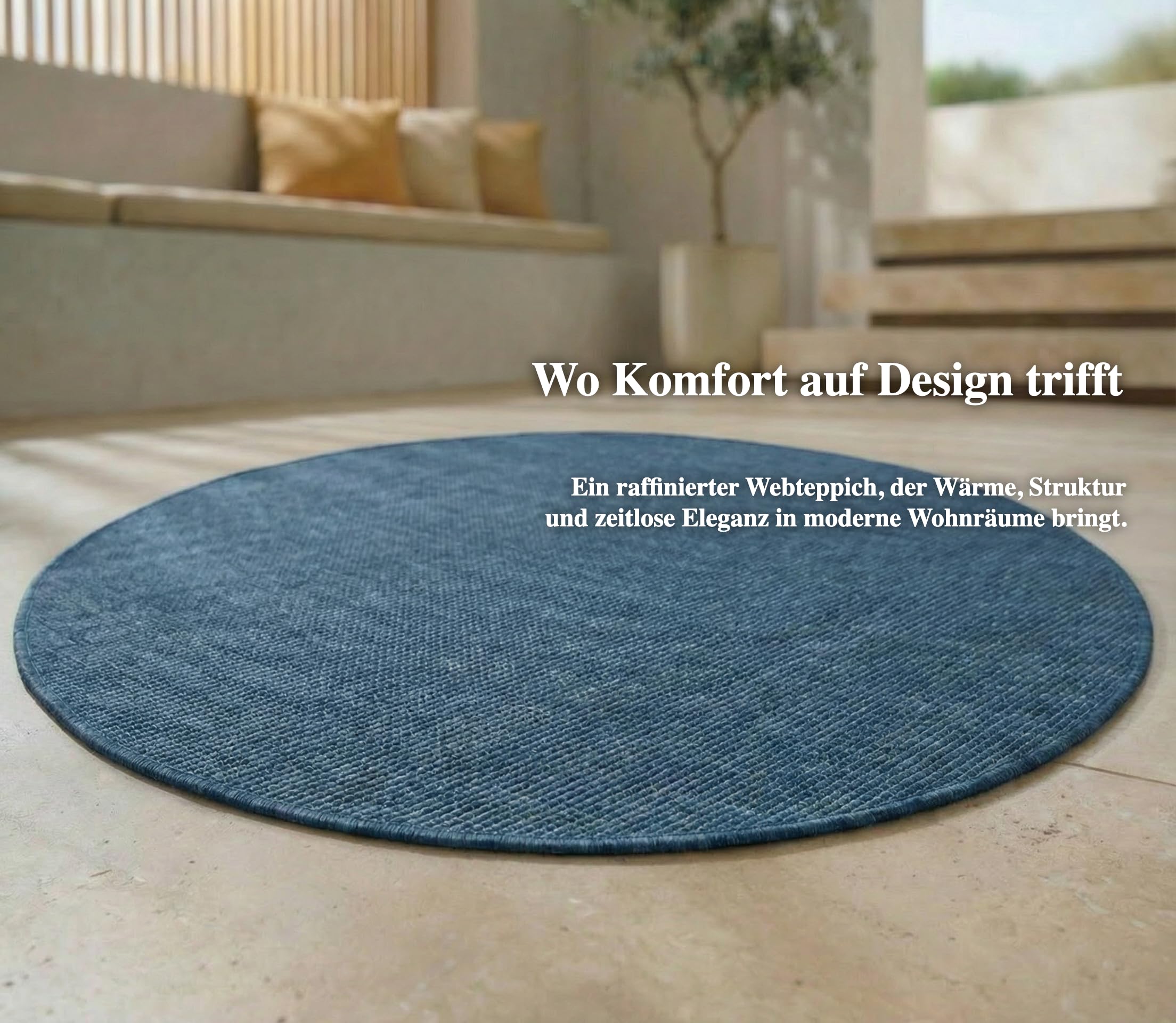 Jimri In- & Outdoor Teppich - Wetterfester Teppich für Balkon, Terrasse, Garten, Wohnzimmer, Küche - Strapazierfähiger Bodenteppich, Widersteht UV-Strahlen & Wasser - Größe 200 cm Rund, Blau