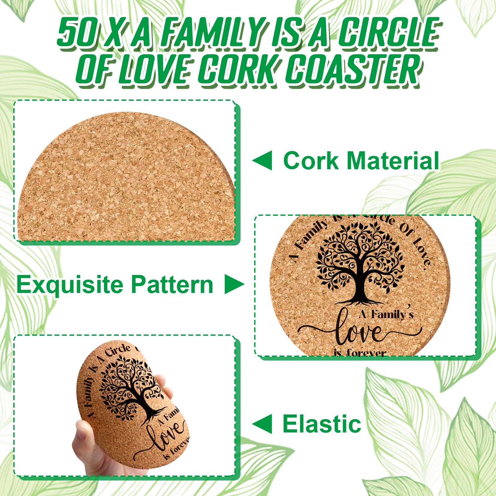 Set di 50 sottobicchieri in sughero assorbenti con scritta "A Family is a Circle of Love", con biglietti regalo e sacchetti regalo in organza, per riunioni di famiglia