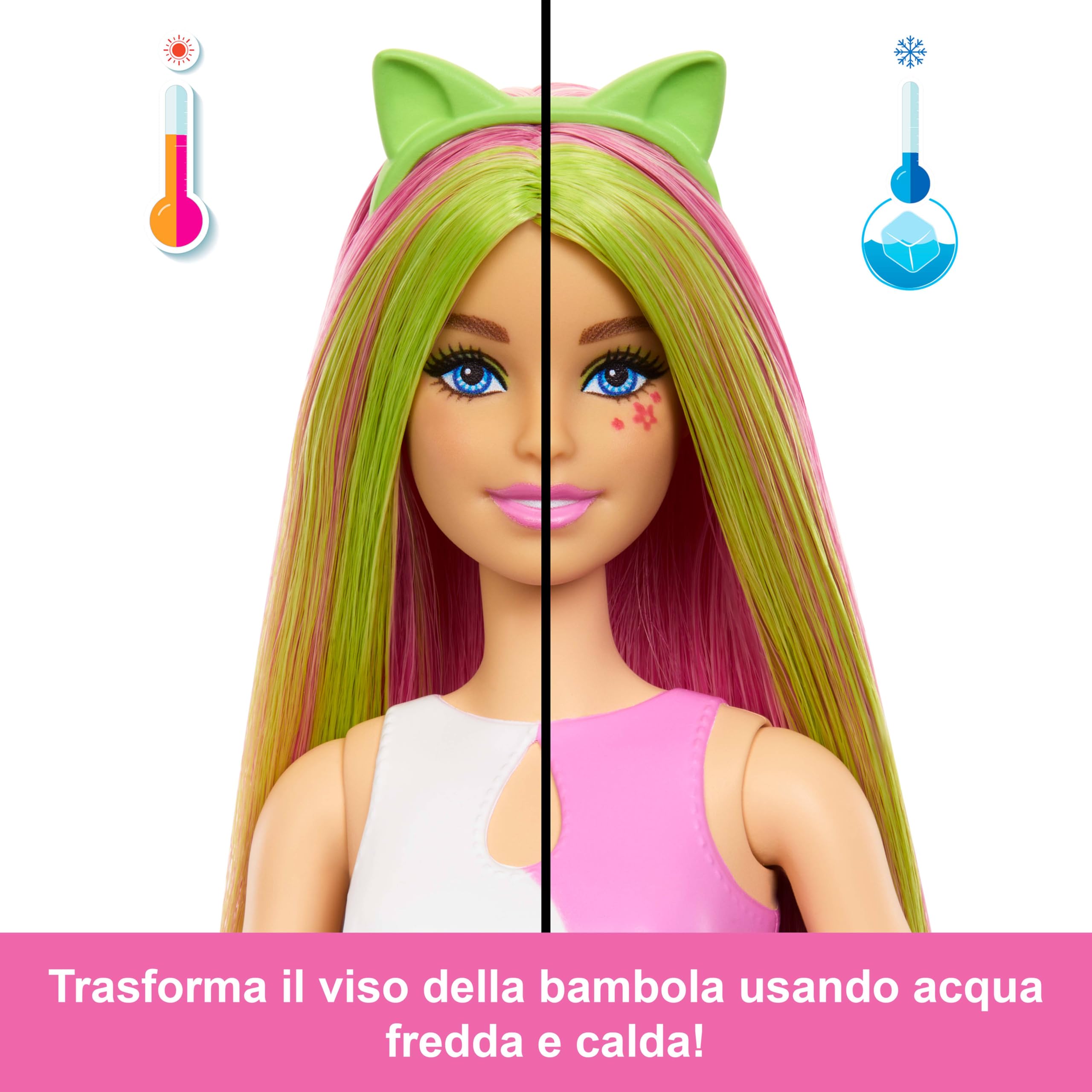 Barbie - Pop Reveal Serie Animal Party, bambola con orecchie da gattino e cucciolo incluso, 8 accessori a sorpresa con effetto cambia colore, giocattolo per bambini, 3+ anni, JCN88