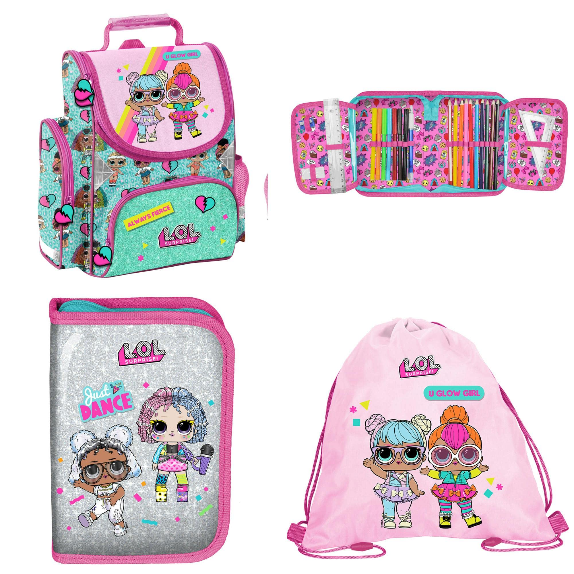 LOL Schulranzen Mädchen 1 Klasse Tornister Schulrucksack Set 3 TLG. L.O.L. für Grundschule ergonomisch und anatomisch/inkl. Federmäppchen (gefüllt) und Sportbeutel