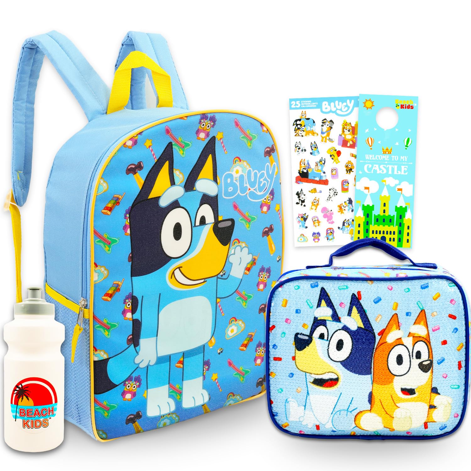 Backpack with Lunch Bag for Kids, Boys, Girls - Bundle with 15” School Bag, Lunch Box, Water Bottle, Stickers, More | Bluey Backpack and Lunchbox Set