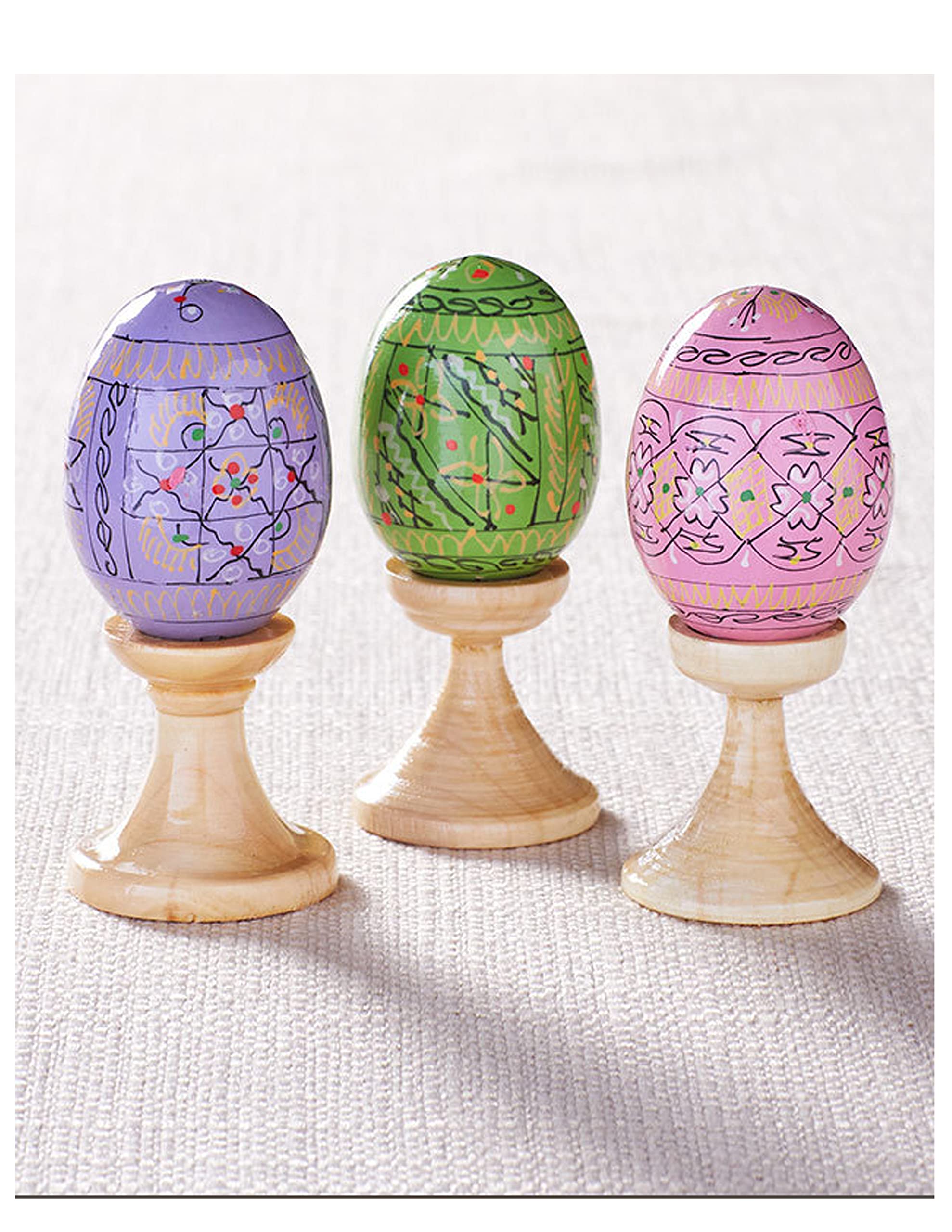 Psyanky Egg Pysanky s Wooden Hand Painted Pastel Colors Easter with Stands, Set of 3