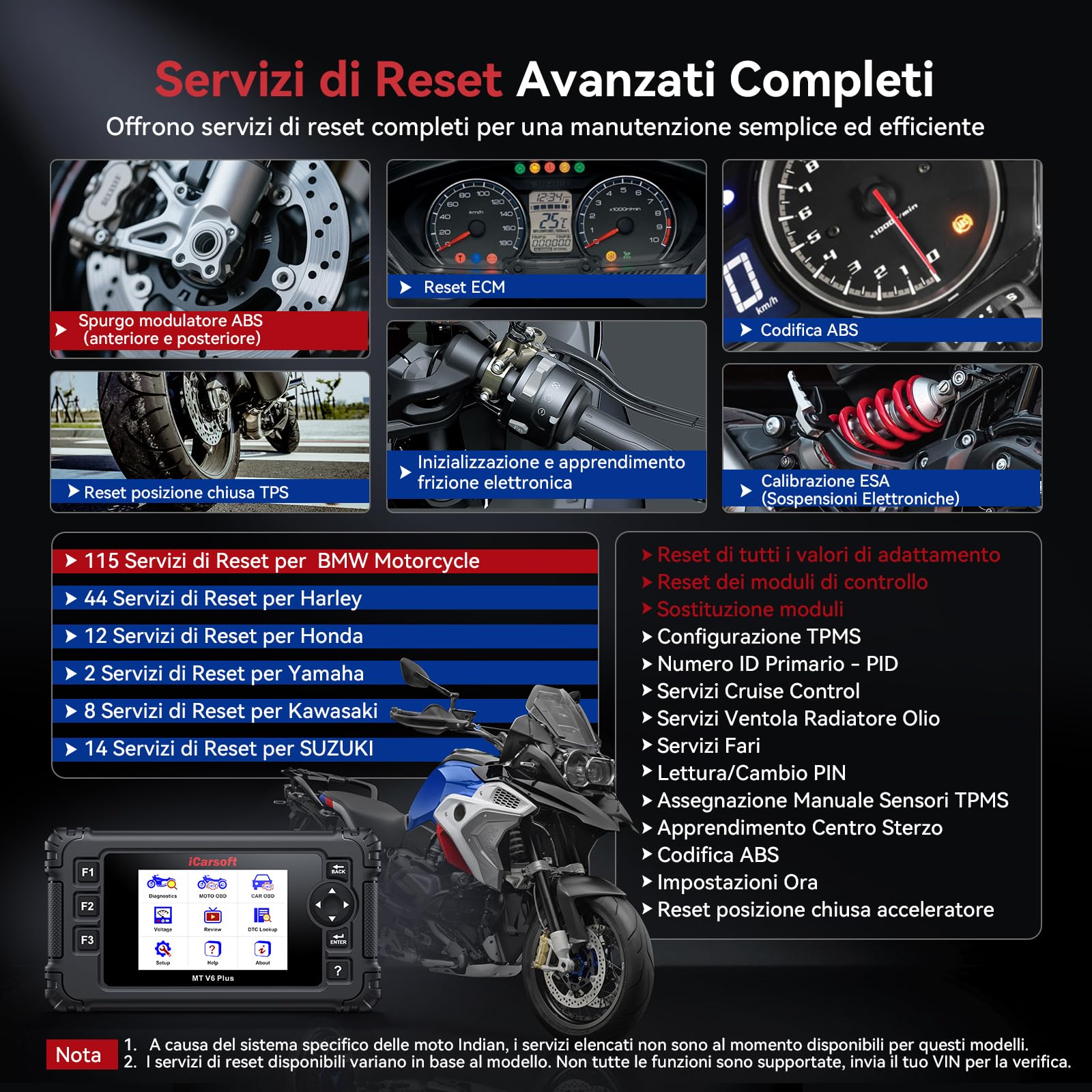 iCarsoft MT V6 Plus Strumento Diagnostico per Moto, Diagnosi Moto Universal, Lettore di Codice Tutti i Sistemi, Servizi Completi, Scansione Automatica, Diagnostica OBD per Auto e Motocicletta