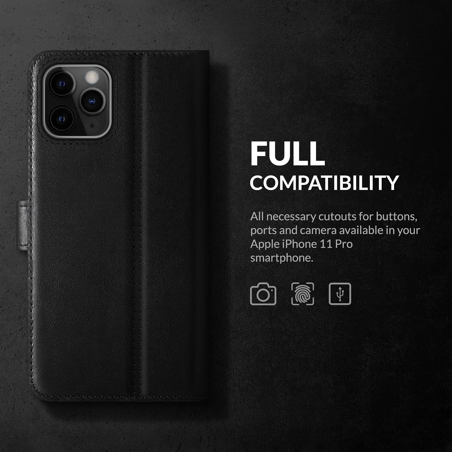 SURAZO Mobile Phone Case for iPhone 11 Pro, Premium Genuine Leather Protective Case with Stand Function, Card Slot, RFID Protection, Flip Wallet Case, Handmade for Apple iPhone 11 Pro (Costa Black)