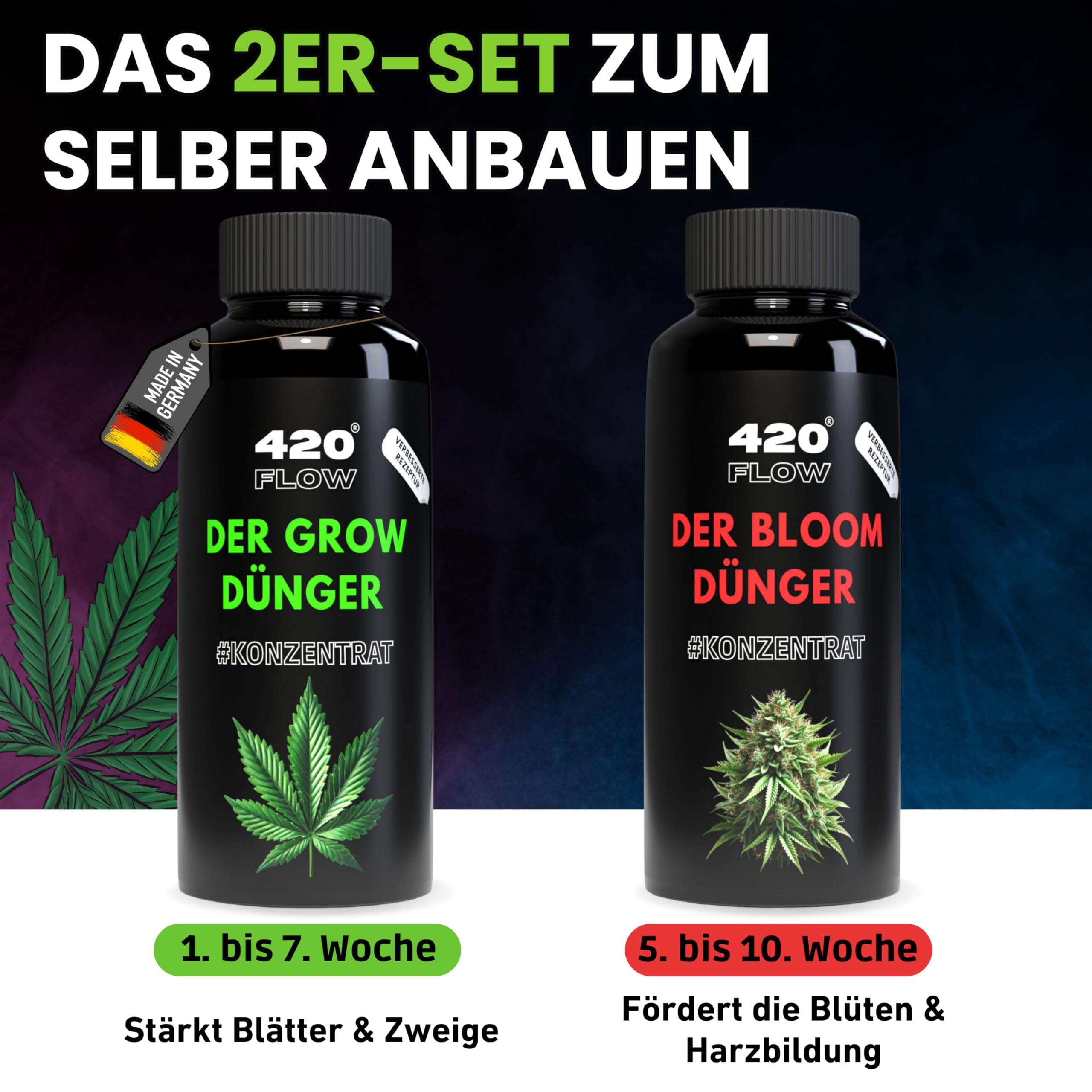 420Flow Cannabis Dnger-Set: Grow und Bloom  Komplettset fr Anfnger,  strkt Bltter, frdert prchtige Blten Pflanzendnger Autoflower, Hanf Set  Anbau (500ml) : Amazon.de: Garten