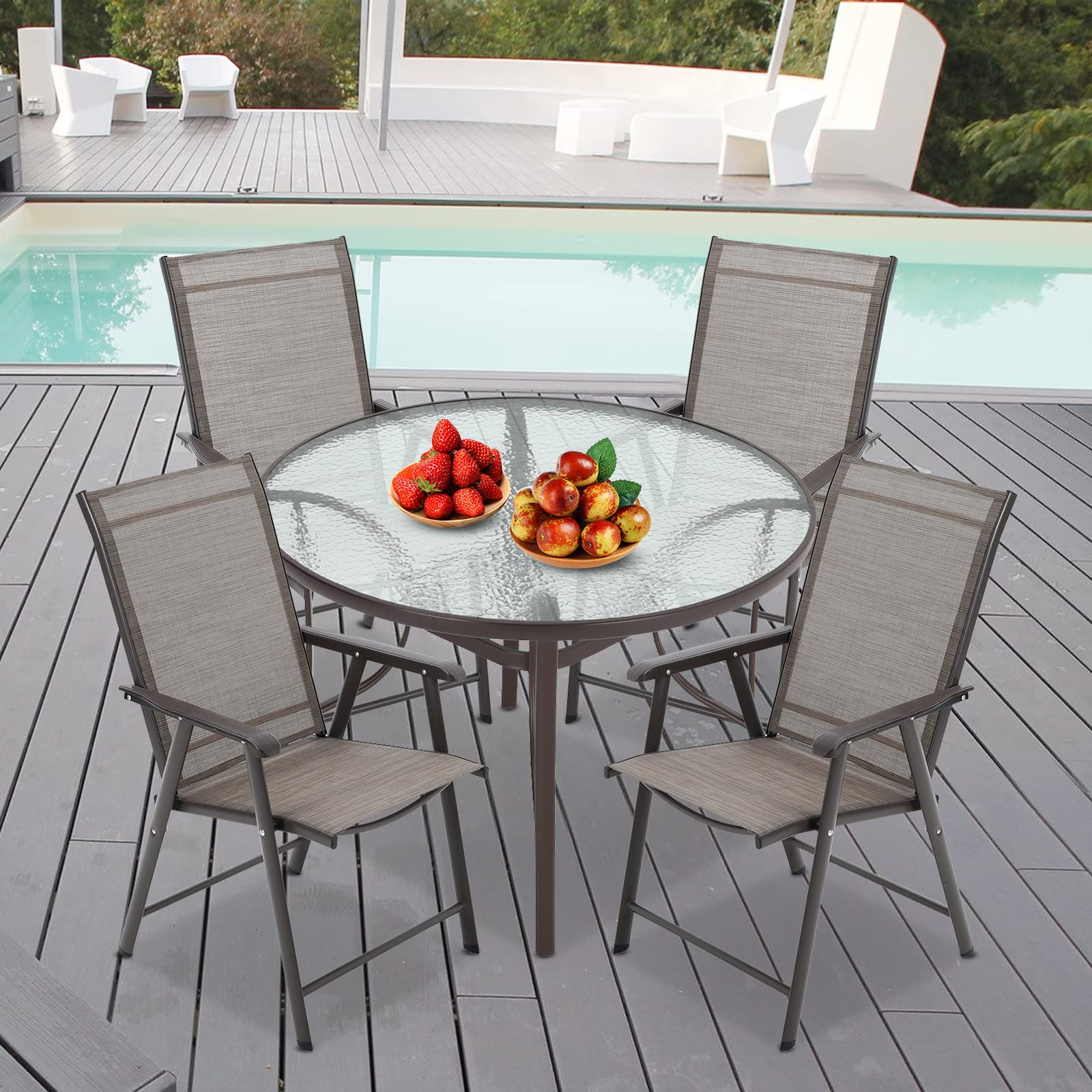 DKIEI Garden Furniture Sets Table & 4 Chairs Set 105CM Round Garden Dining Table with Parasol Hole Garden Folding Chairs for Patio Deck Indoor Outdoor Brown