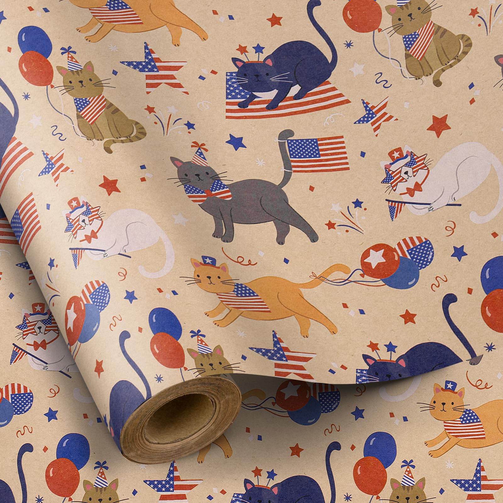 RUSPEPA Cat Wrapping Paper Roll, Mini Roll, American Cats with American Flags, Funny Cartoon Animal Kraft Gift Wrap for Patriotic Events, July 4th Celebration, 17 Inches X 16.4 Feet