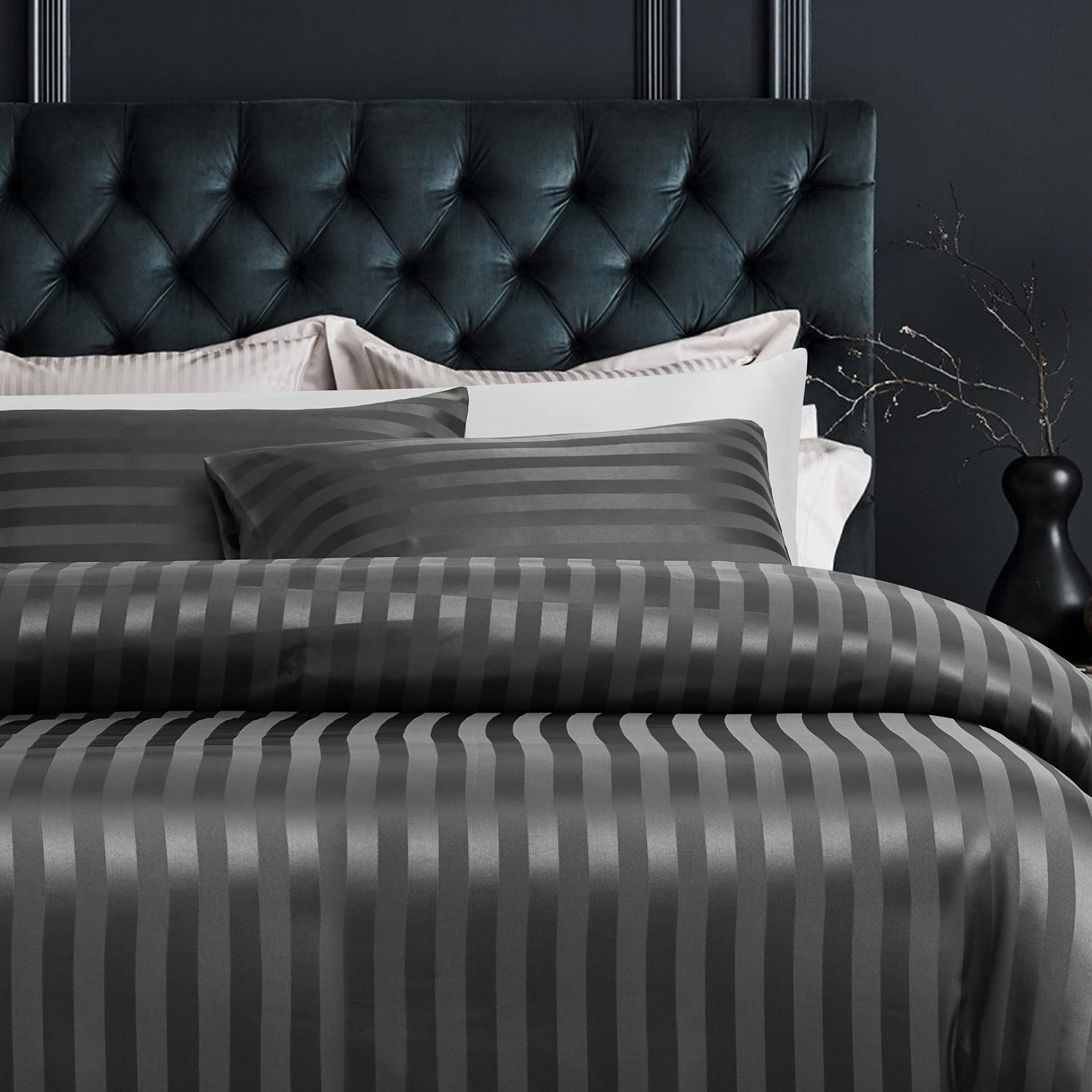 Damier Ropa de cama de 200 x 220 cm, color gris satinado, a rayas, 3 piezas, color liso, sedoso y brillante, funda nórdica con cremallera oculta y 2 fundas de almohada de 80 x 80 cm