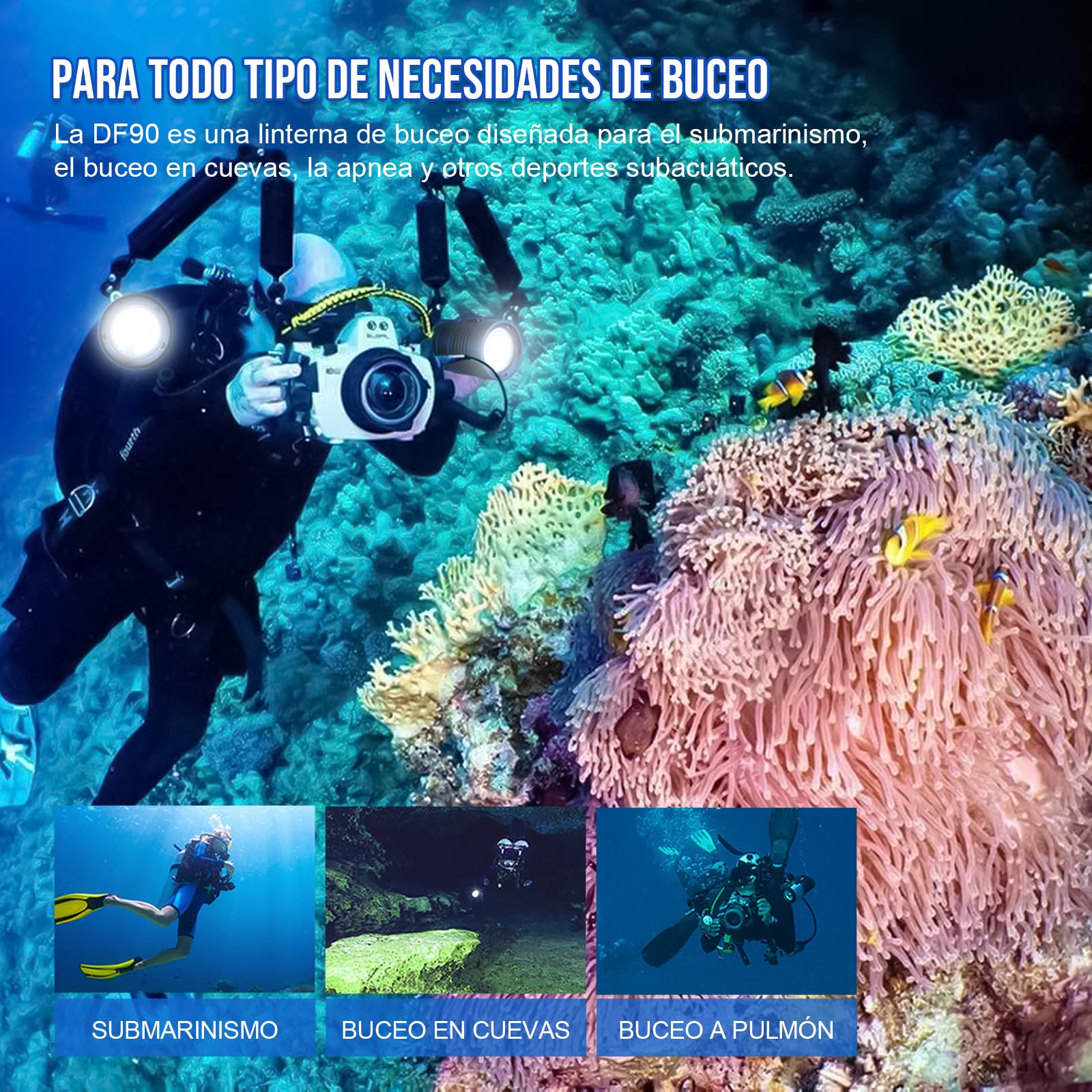 TrustFire DF90 Kit Linterna de Buceo, Foco de Buceo Recargable 15000 Lúmenes, Linterna Sumergible 70M Impermeable, 3 Tipos Diferentes de Iluminación（Luz de Blanca, UV, Roja）
