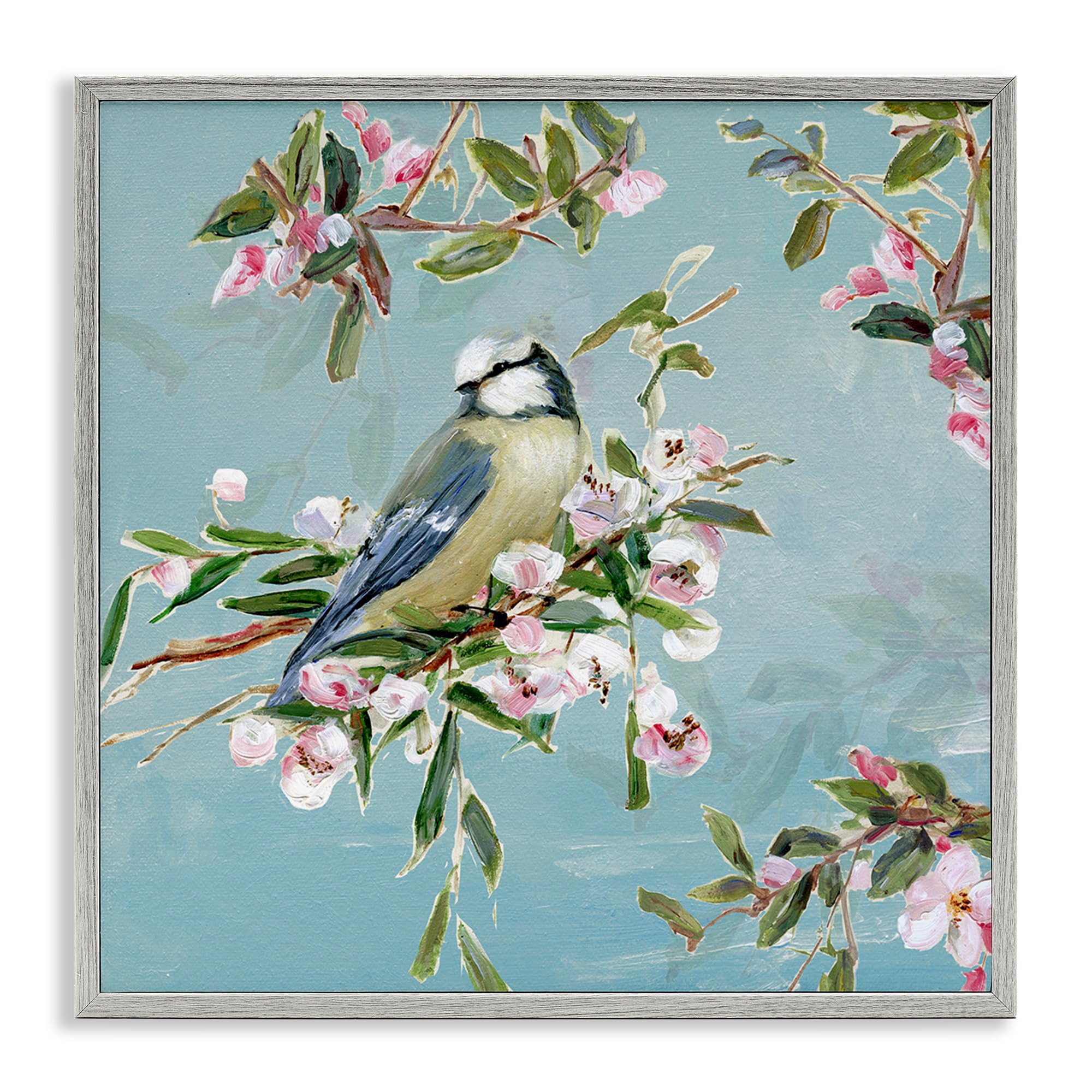 Stupell Industries Farmhouse Gray (Textured) 'Songbird Perched On Blooms'| Framed Giclee Art