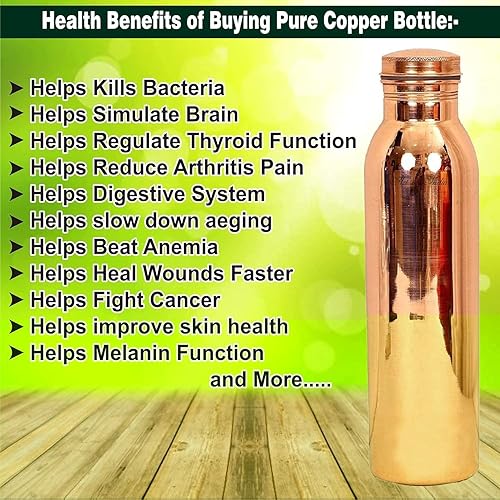 Miniatura 7 de Arts Of India Botella de agua de cobre puro, juego de bebida, capacidad 33.8 fl oz, juego de 2 (martillado y liso)