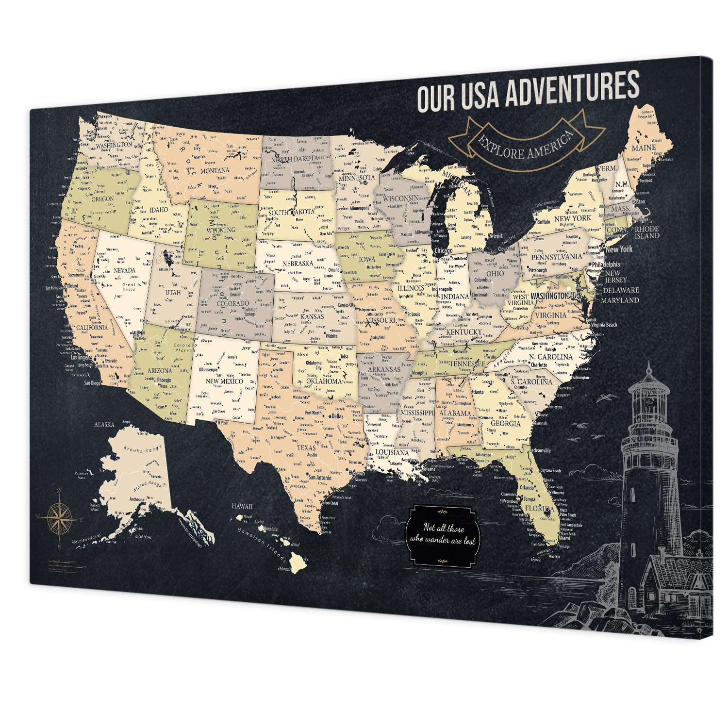 IPIC Vintage US Travel Map with Pins, USA Map Pin Board, Size 36x24 in