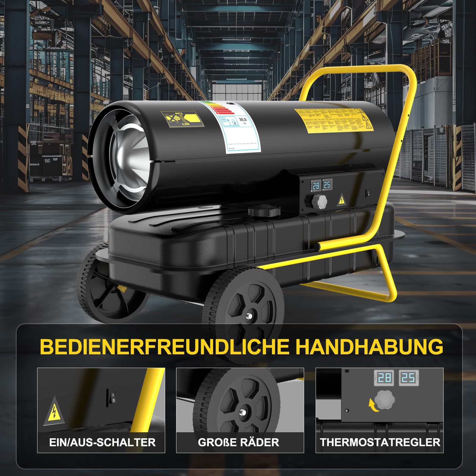 30 kW Heizkanone Diesel Bautrockner, Großtank Bauheizer, 750 m³/h Heizgebläse mit Thermostat, Ölbeheizung Heizlüfter für Werkstätten, Baustellen und landwirtschaftliche Betriebe