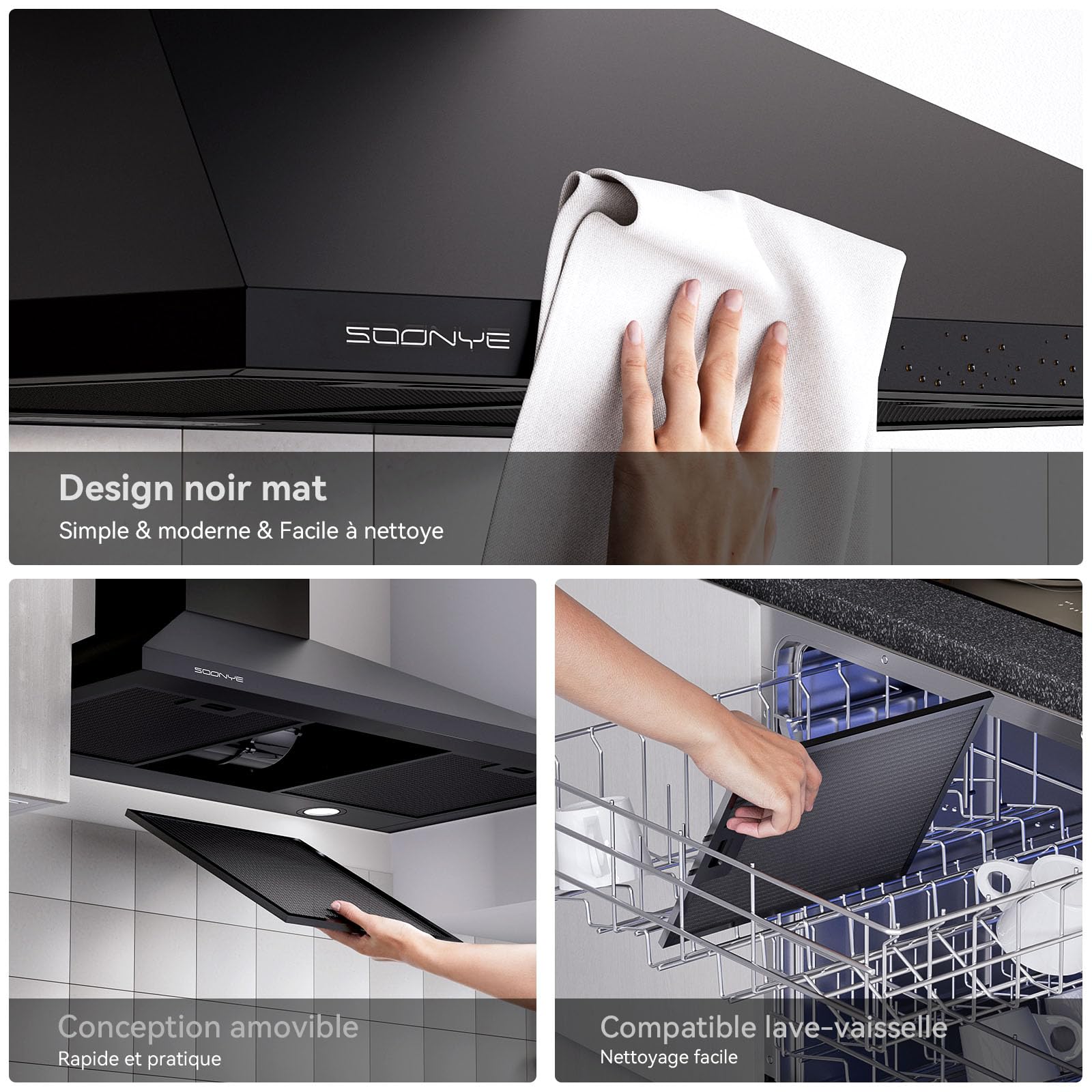 Hotte Aspirante 90 cm Classe A+++, Hotte Cuisine 380m³/h,Évacuation ou Recyclage,Filtre au Charbon Inclus,Cheminée Extensible,Hotte Murale,Noir
