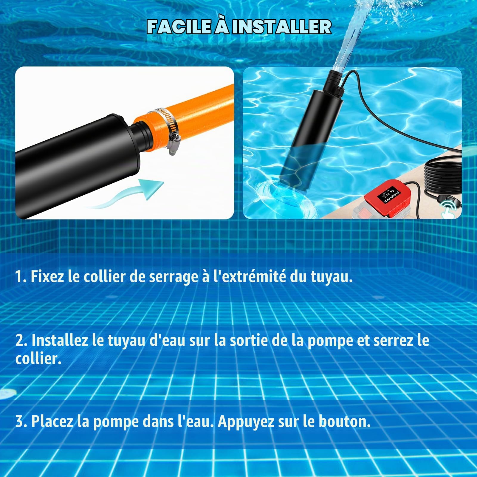 Pompe submersible 635 GPH pour batterie Parkside 20 V XTEAM, pompe à eau sans fil avec filtre à sédiments, pompe de transfert sur batterie 100 W à haut débit pour piscine, jardin, baignoire