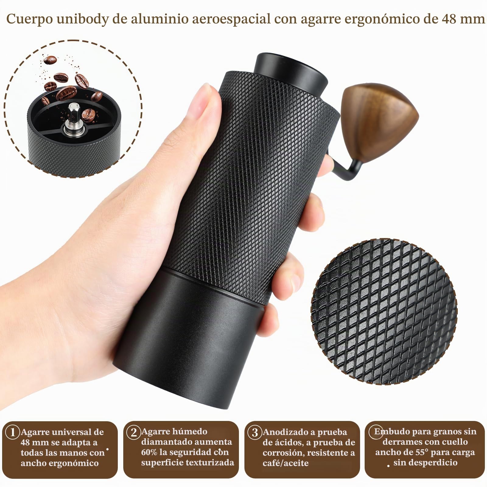 Molinillo de café manual, molinillo de café manual con rebaba cónica de acero inoxidable, molinillo de café de mano portátil y pequeño molinillo de granos de café para espresso a prensa