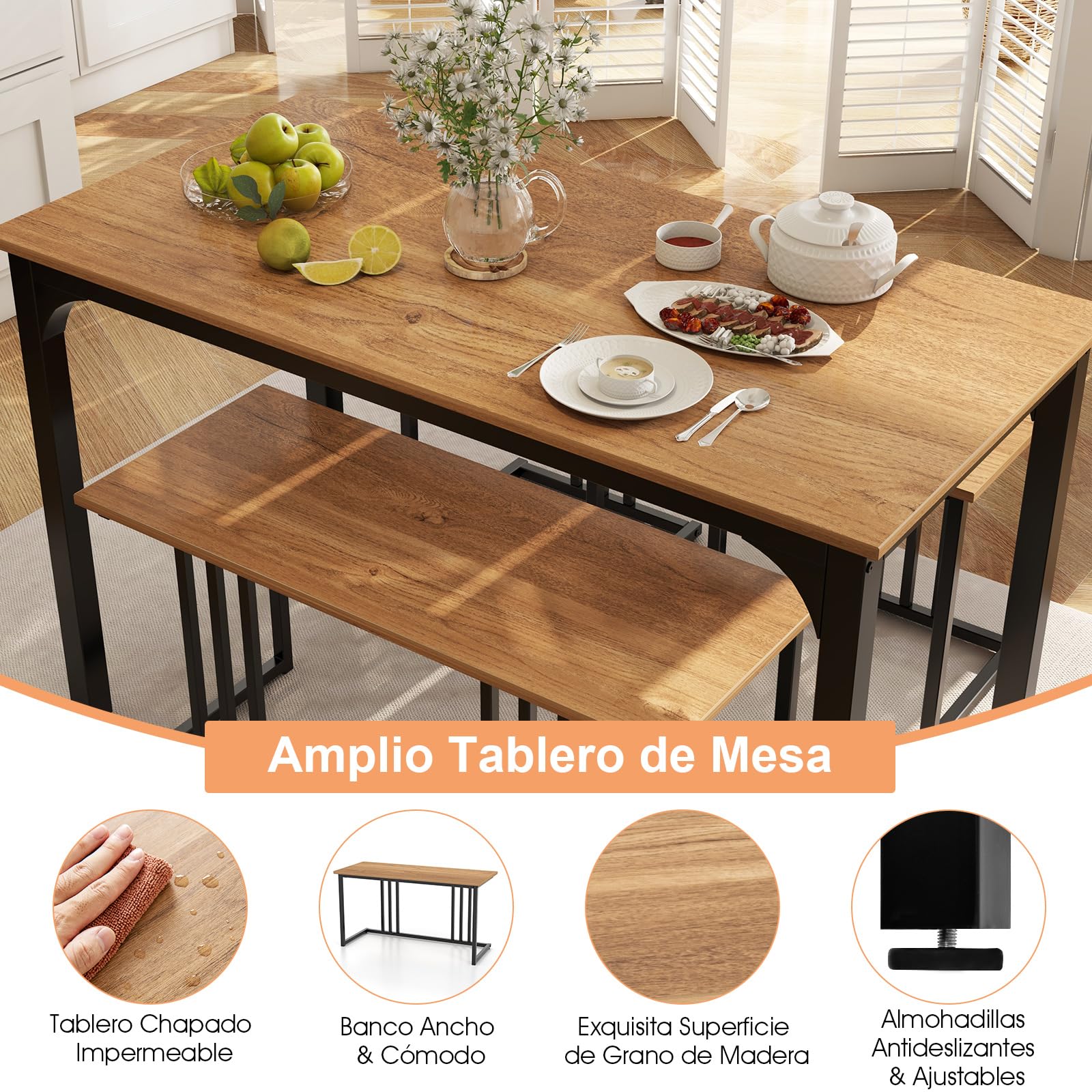 COSTWAY Juego de Mesa de Comedor de 4 Piezas, Mesa de Comedor Industrial con Banco y 2 Taburetes para 4 Personas, Mueble de Comedor, Estructura metálica, Restaurante, Bar (Natural)