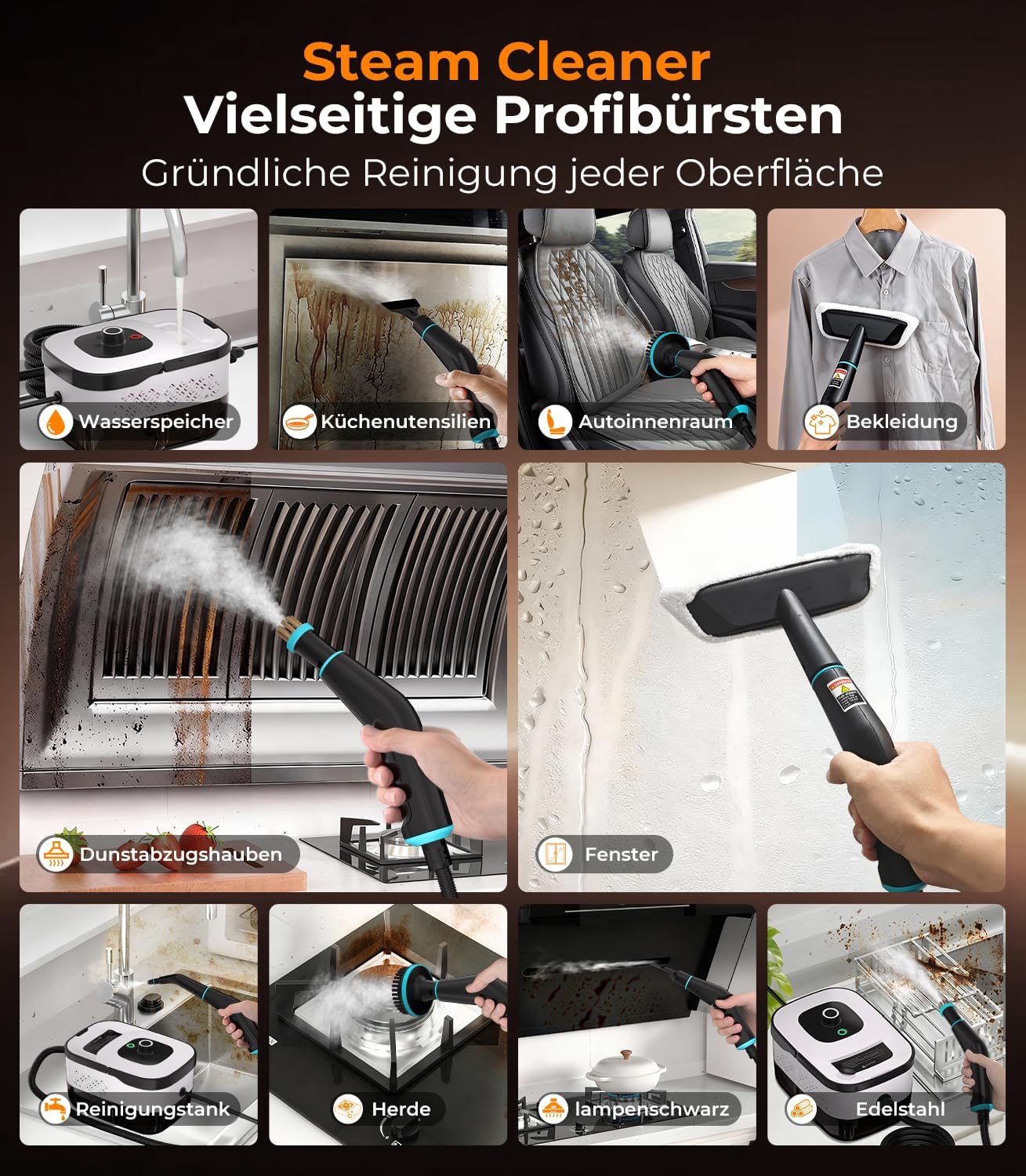 14-IN-1 Dampfreiniger Handgerät【99,99% Keimreduktion-Führende Deutsche SPJ Technik】【9-Sekunden Turbo-Dampf-Intelligent Turbo Steam System】Dampfreiniger für Alles,Dampfbesen für Boden, Küche etc.