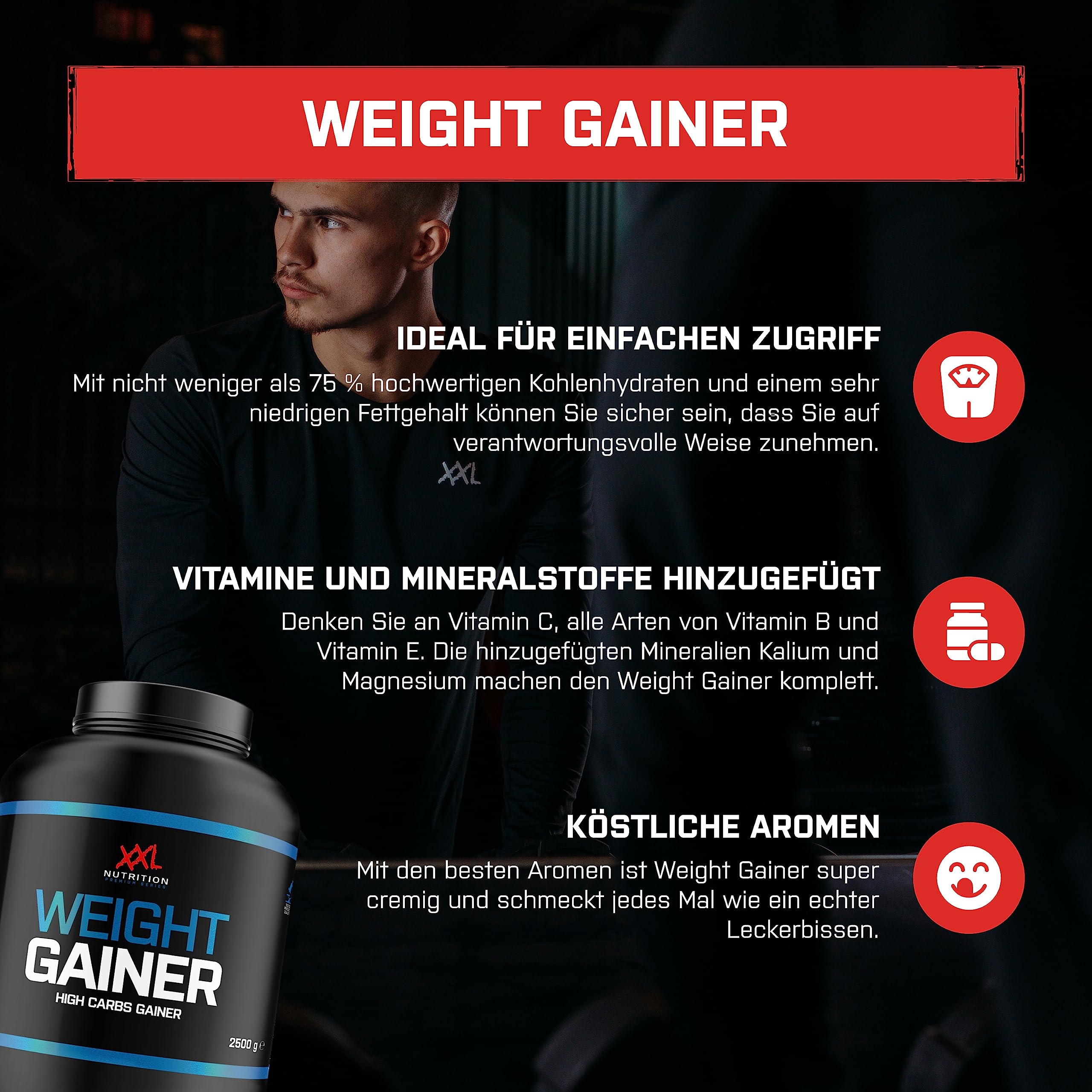 XXL Nutrition - Weight Gainer - Muskelmasse & Muskelaufbau, Protein Pulver Mit EAA & BCAA, Kohlenhydrate, Niedriger Fettgehalt - 2500 Gramm - Banane