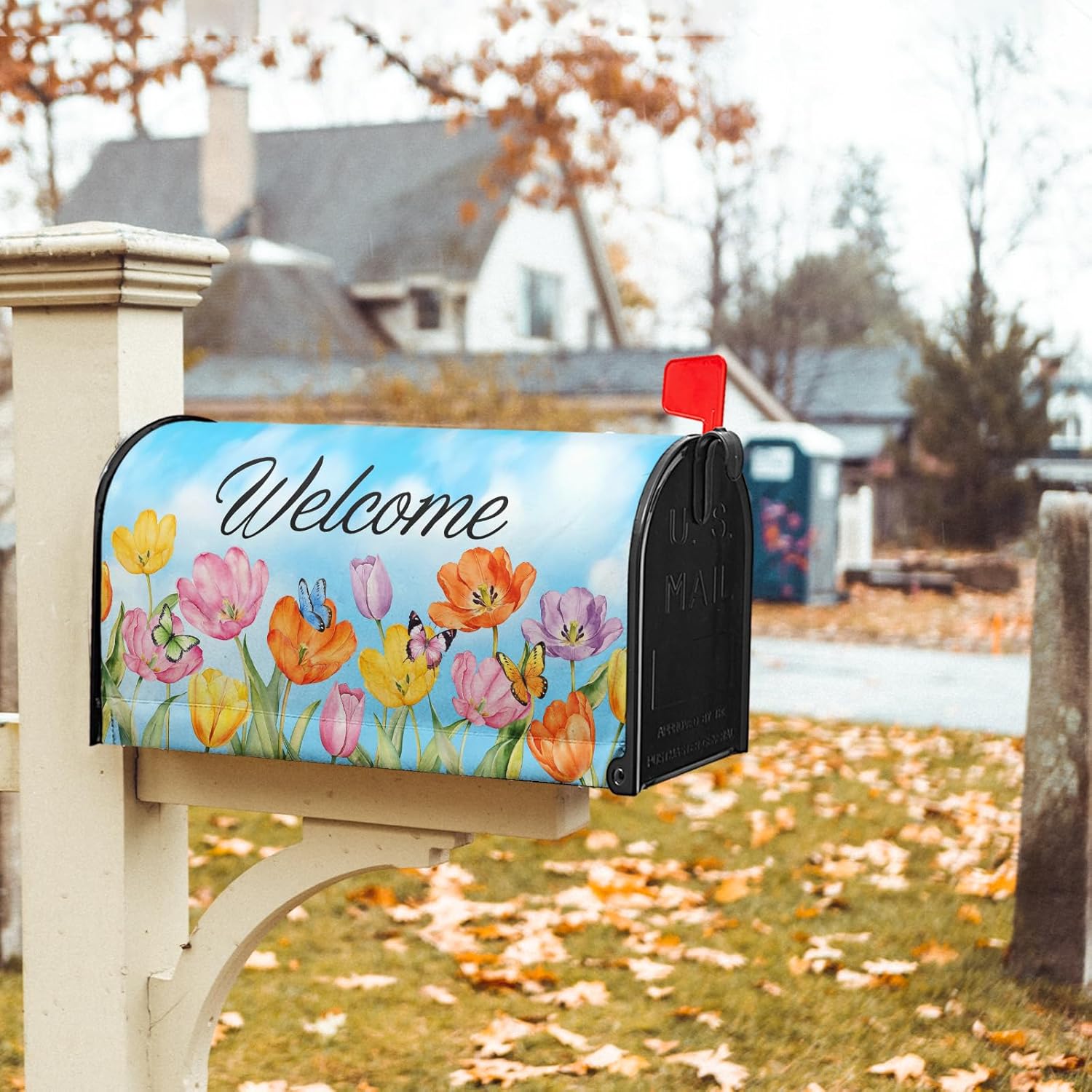 Spring Summer Welcome Mailbox Covers Magnetic Standard Size 18" X 21",Colorful Butterfly Flowers Mailbox Wraps Post Letter Box Cover for Outside Garden Yard Decor